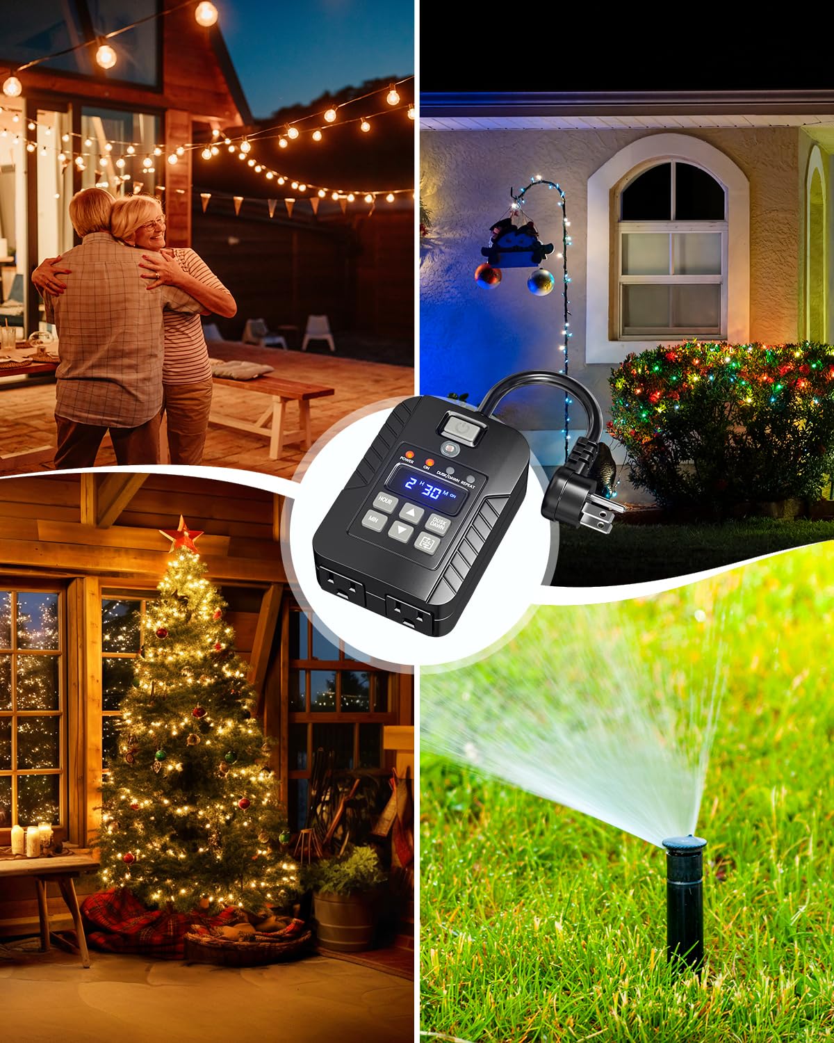 Waterproof Outdoor Light Timer with Remote Control - Dusk to Dawn Sensor, 100FT Range (1-60 Min & 2-8 Hour Modes) - 15A/125V Dual Outlet Plug-in Timer Switch for Patio, Garden & Landscape Lighting