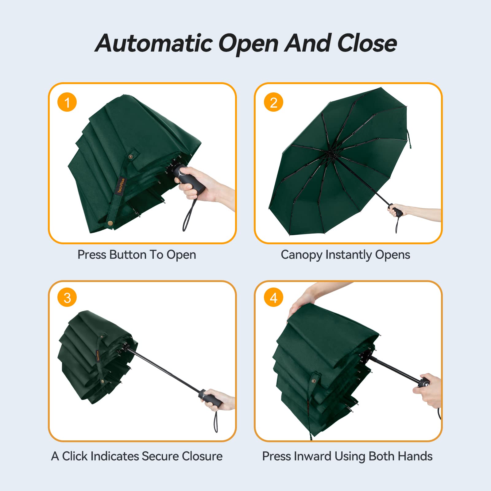 TechRise Windproof Travel Umbrella - Automatic Compact Folding Umbrella with 10 Strong Fiberglass Ribs | One-Touch Auto Open/Close | Lightweight & Portable for Backpack, Commuting, and Outdoor Adventures