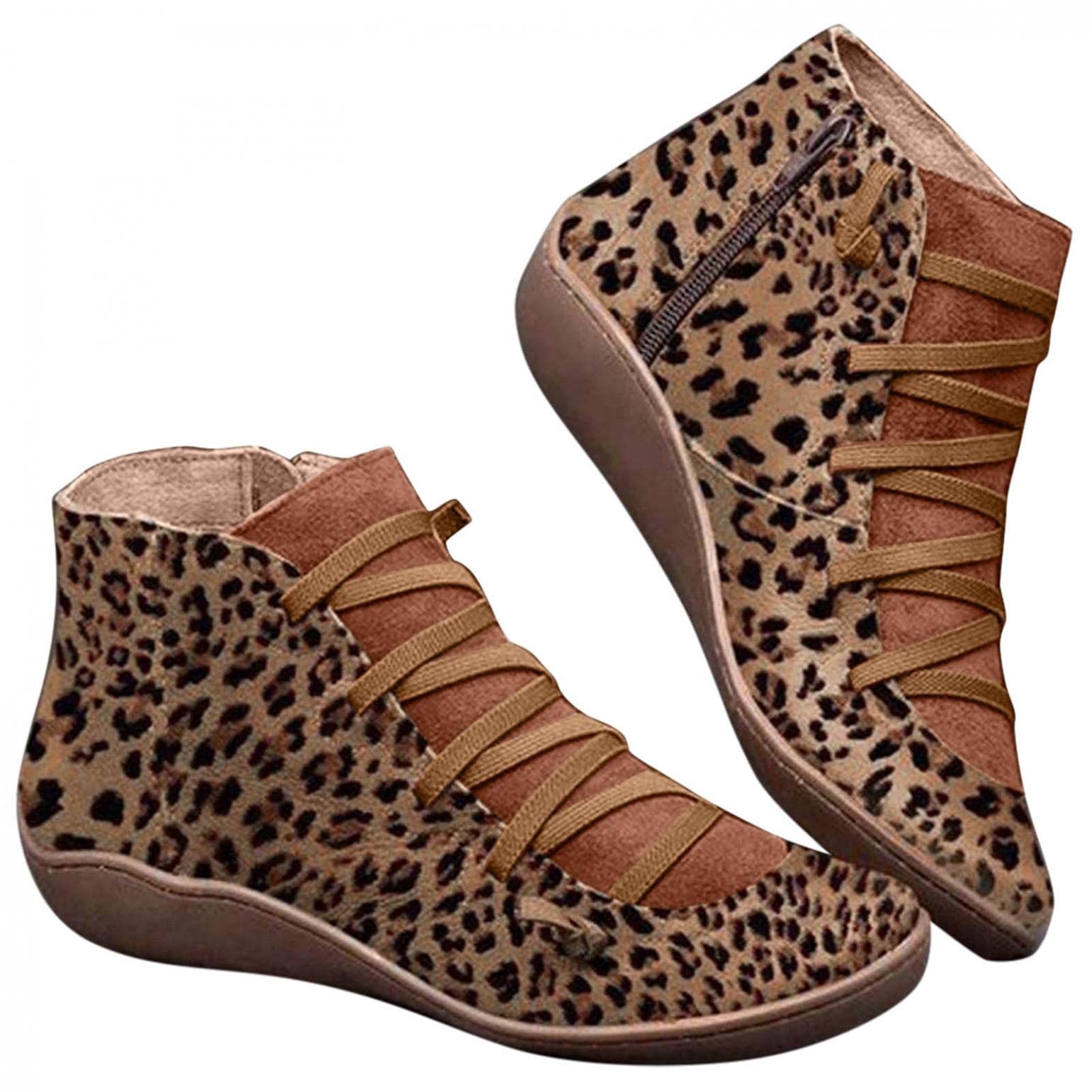 UOCUFY Women's Leather Ankle Boots with Side Zipper - Comfortable Leopard Print Wide Width Flat Booties for Casual Wear & Office Outfits