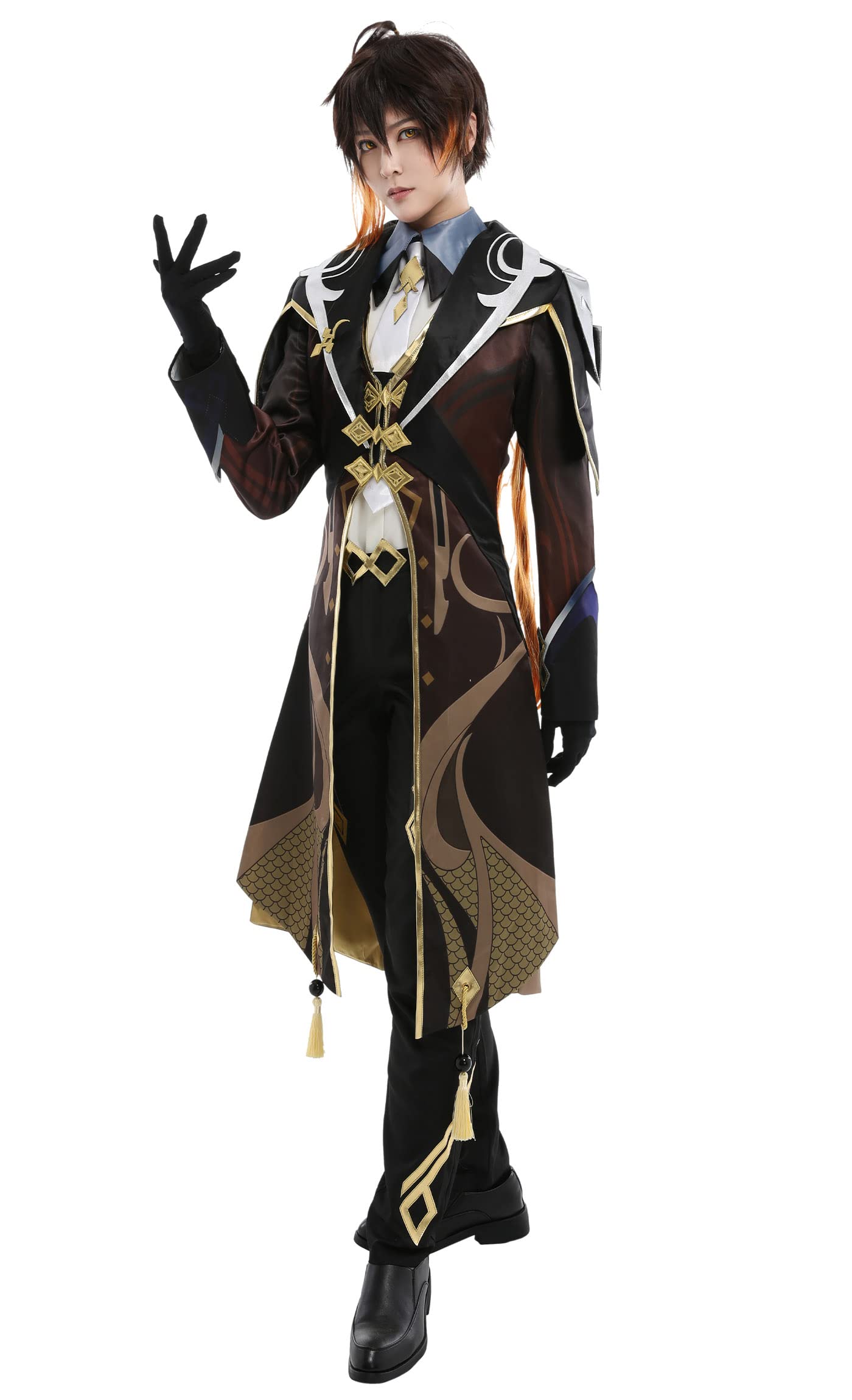 Zhongli Cosplay Costume - Unisex Printed Outfit with Jewelry Decorations & Tie Gloves | Perfect for Genshin Impact Conventions, Halloween & Anime Events