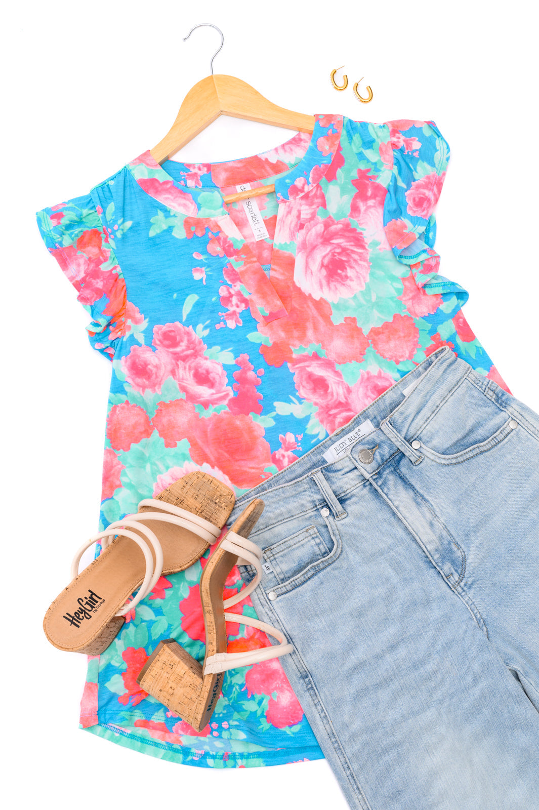 Lizzy Flutter Sleeve Top - Blue & Pink Roses Floral Print Women's Blouse for Casual Wear, Date Night & Summer Outfits