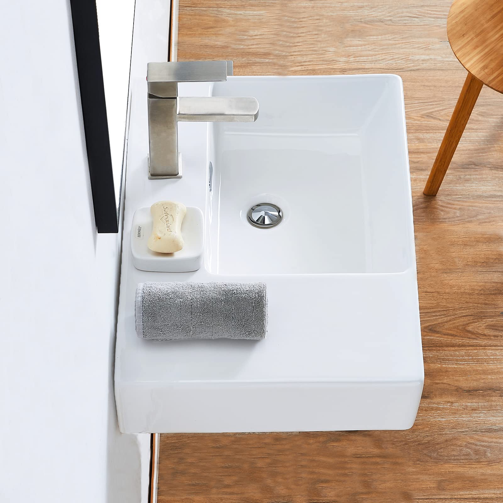 IKEBANA 24x17 Inch Wall Mounted Bathroom Sink - Modern Ceramic Floating or Countertop Vessel Lavatory Sink for Powder Room, Guest Bath & Small Spaces | Right Side Drain | White Rectangular Design