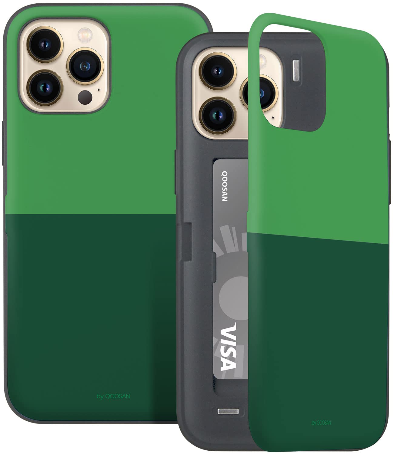 Qoosan Slim Shockproof iPhone 13 Pro Max Wallet Case (6.7 inch) - Dual Tone Hard PC Back Cover with Card Holder, Kickstand & Mirror | Perfect for Business Travel, Shopping & Everyday Protection (Green)