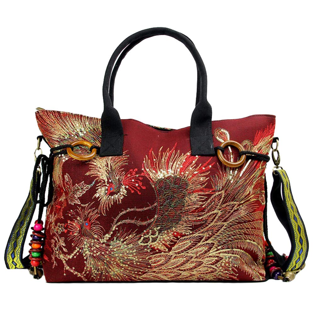 Women's Shoulder Handbags - Ethnic Travel Hobo Tote with Bling Sequins & Phoenix Embroidery | Stylish Crossbody Purse for Casual Outings, Work & Special Occasions