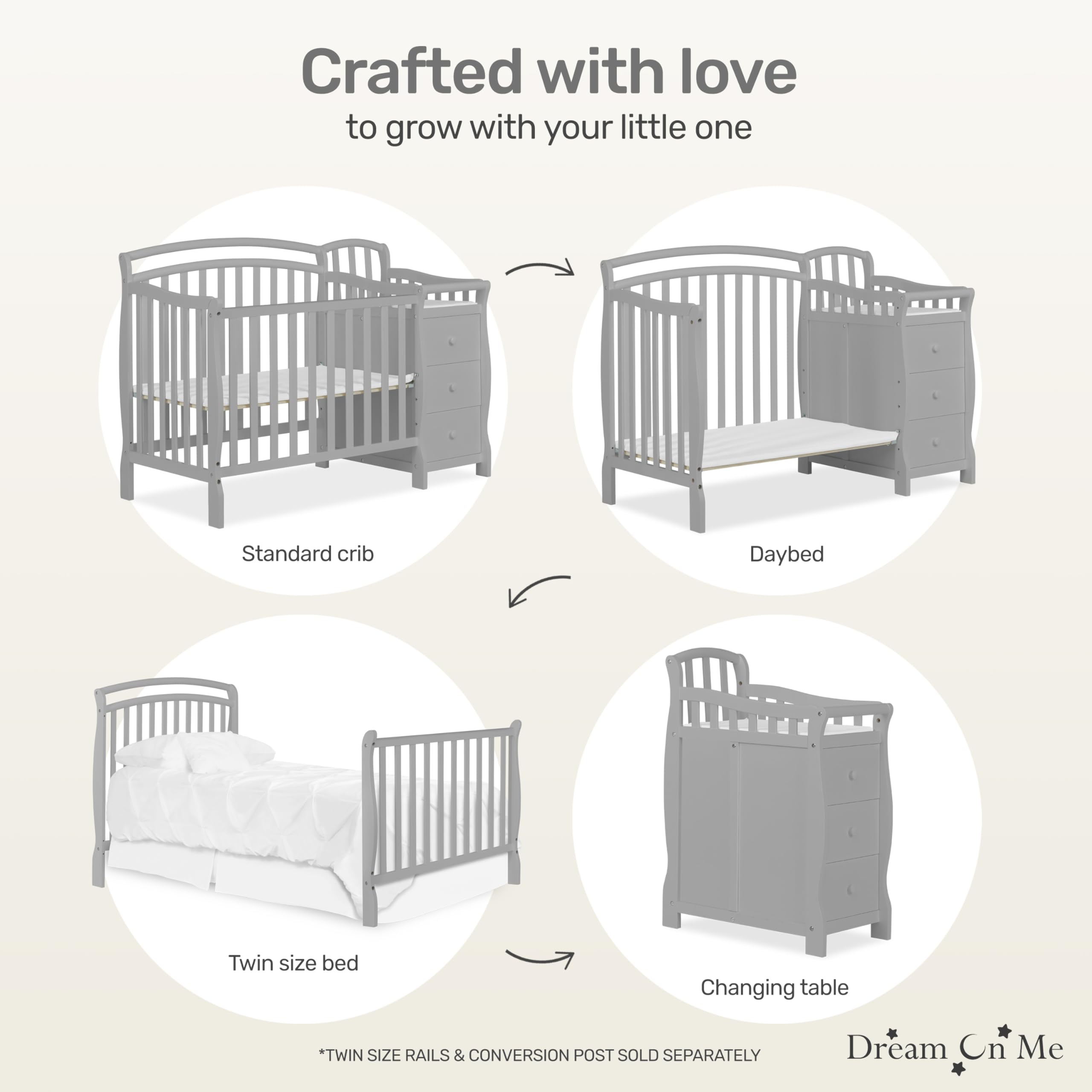 Dream On Me Casco 3-in-1 Convertible Mini Crib & Changing Table - Pebble Grey Pinewood Baby Crib with 3 Adjustable Mattress Heights | Nursery, Small Space & Travel Use