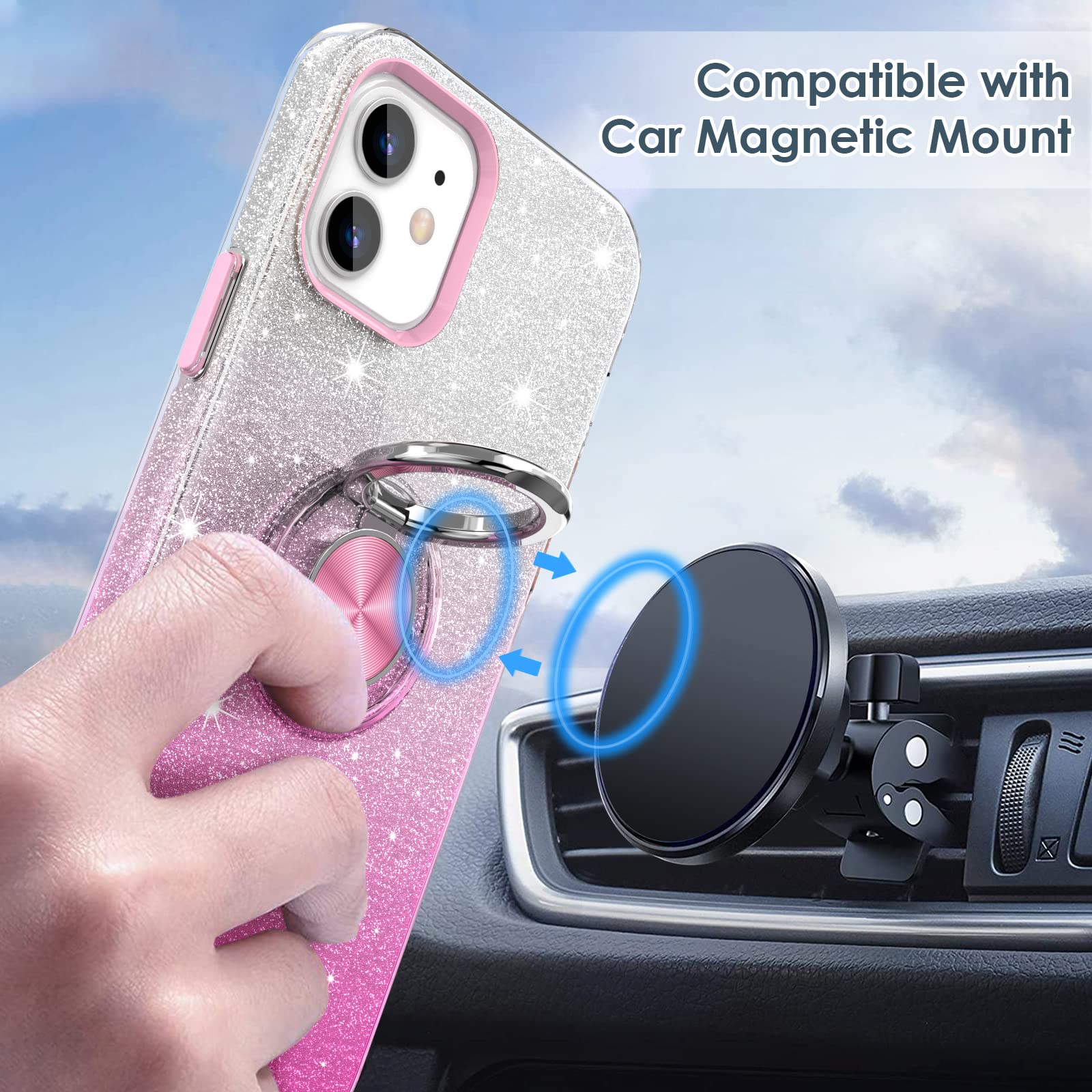 Hython iPhone 12 Case with Magnetic Ring Stand - Pink Sparkle for Protection & Hands-Free Use