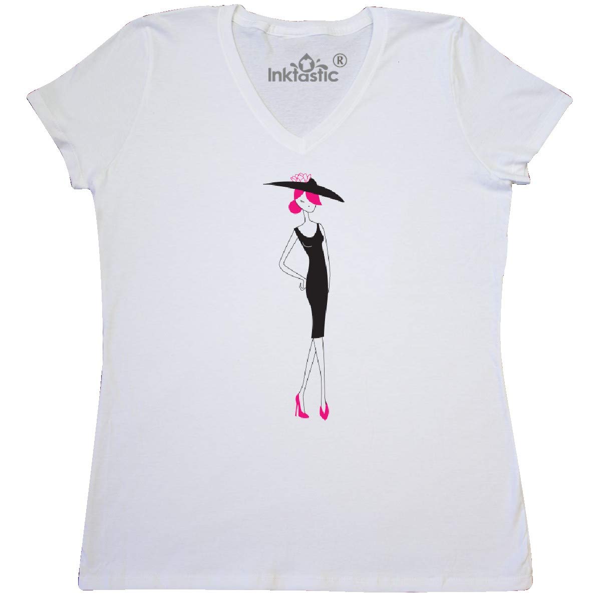 Inktastic French Girl Fashion T-Shirt - Women's V-Neck Pink Hair Dress Graphic Tee - Casual Wear, Street Style & Everyday Outfit