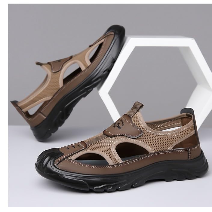 Men's Closed Toe Summer Sandals - Breathable Leather Trekking Shoes for Outdoor Hiking, Beach Walking & Casual Wear | Durable Fisherman Sneakers for Sports & Fashion