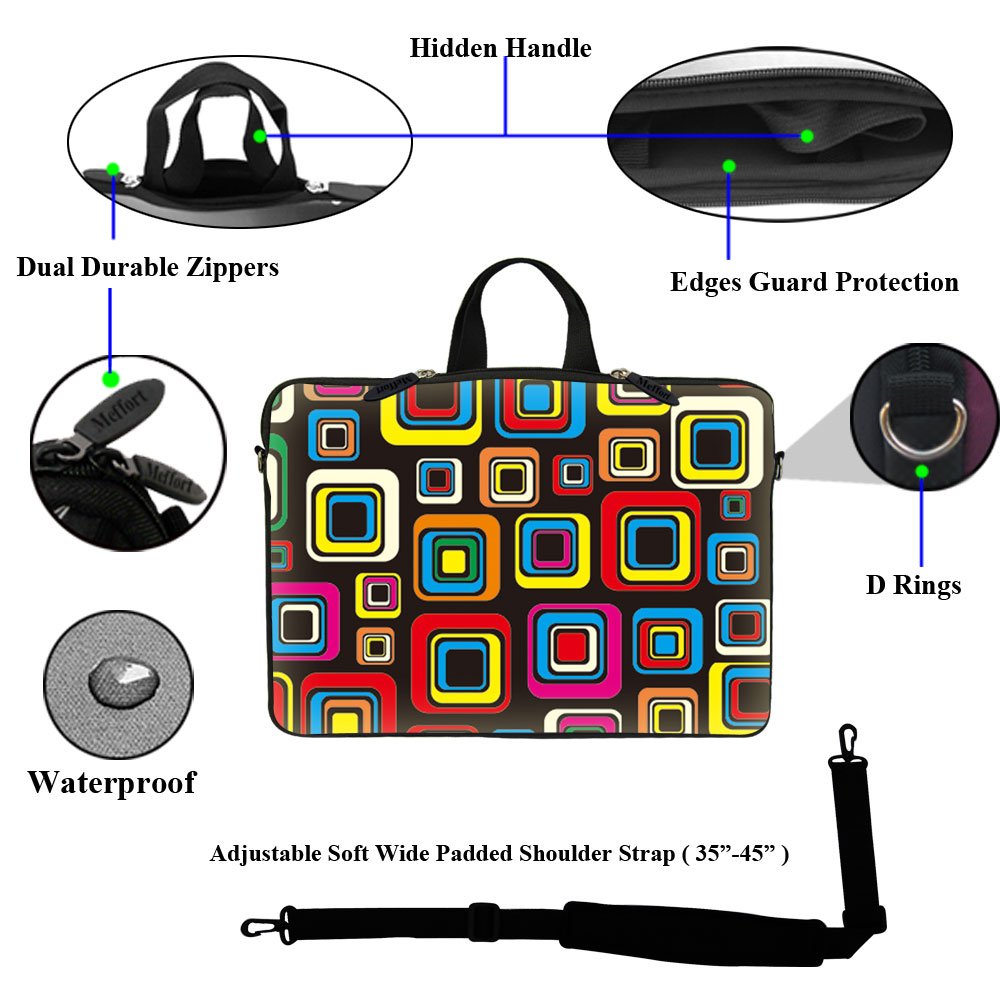 15.6 Inch Neoprene Laptop Sleeve Bag with Hidden Handle & Adjustable Strap - Lightweight Protective Case for MacBook, Dell, HP - Perfect for Travel, School, Office (Colorful Square Pattern)