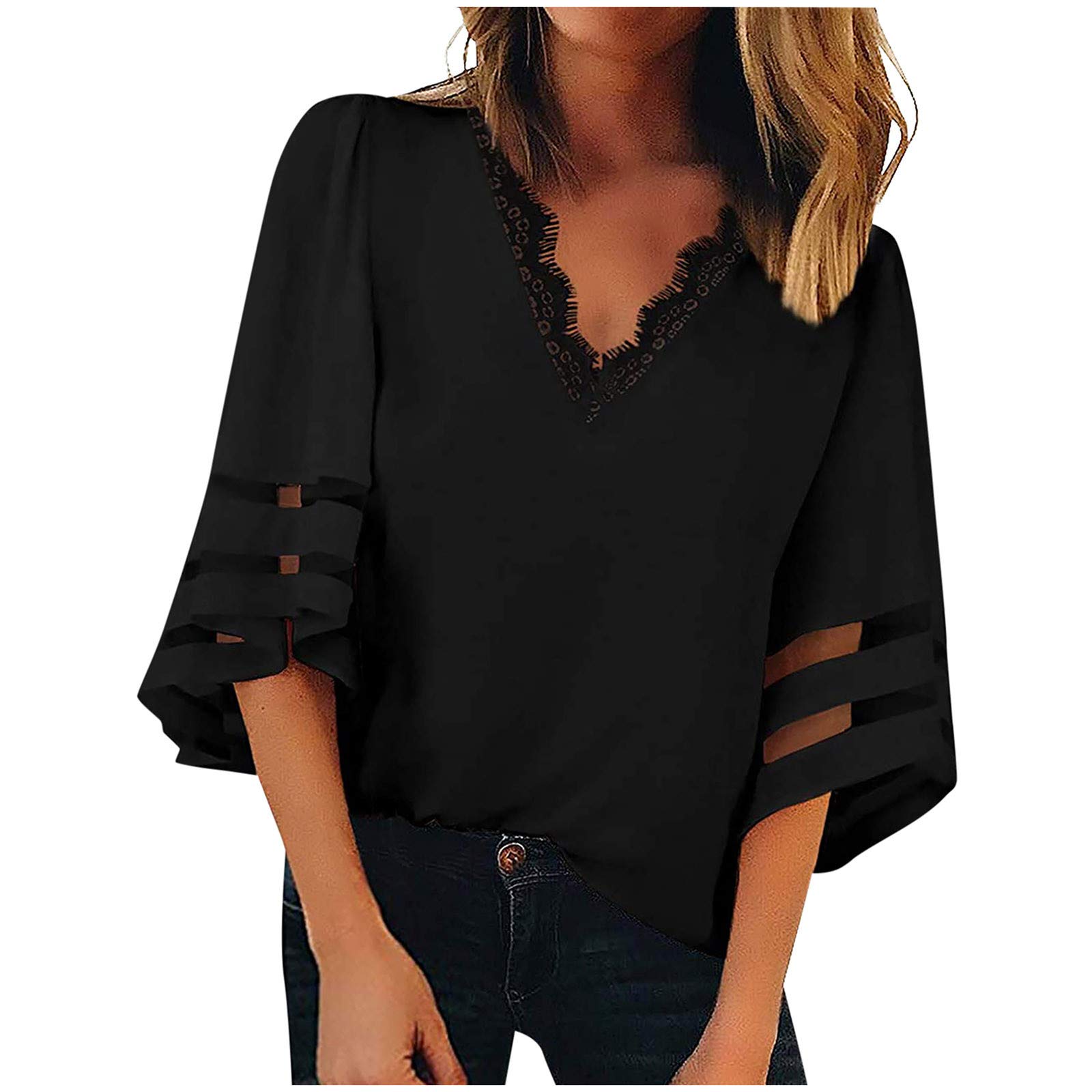 Women's V-Neck T-Shirt - Summer Casual Mesh Panel 3/4 Bell Sleeve Blouse, Loose Fit Tee Top, Dressy Tunic for Work, Date Night & Everyday Wear