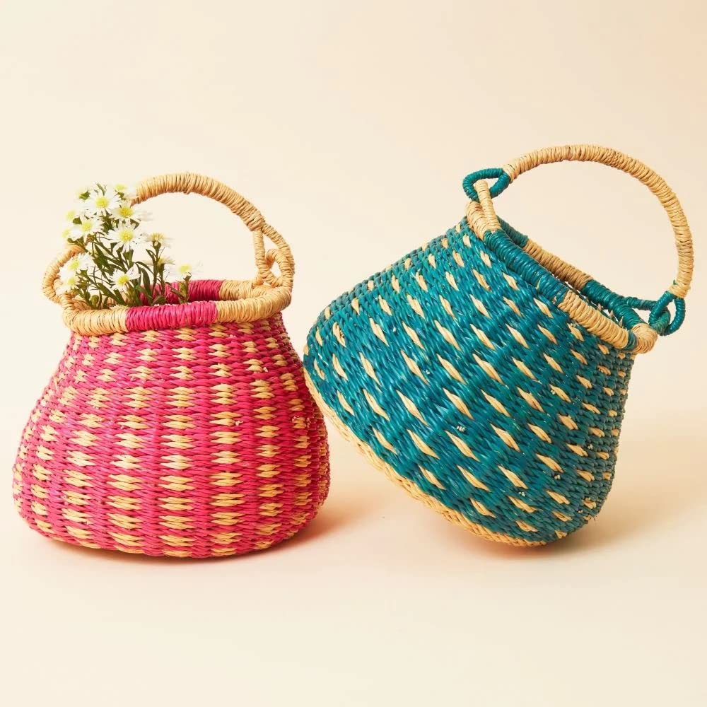 Handwoven Ghana Mini Grass Basket Set - Pink, Blue & Beige Patterns - Perfect for Home Decor, Storage & Gift Giving