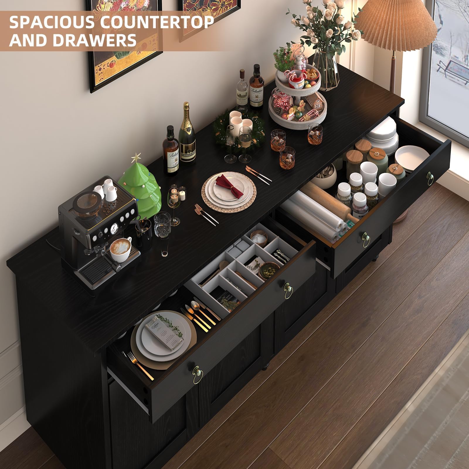 4 EVER WINNER 55'' Black Buffet Cabinet with Storage - Coffee Bar Sideboard with Drawers, Doors & Adjustable Shelves for Living Room | Perfect for Dining Room Storage, Home Bar Setup & Entertainment Center