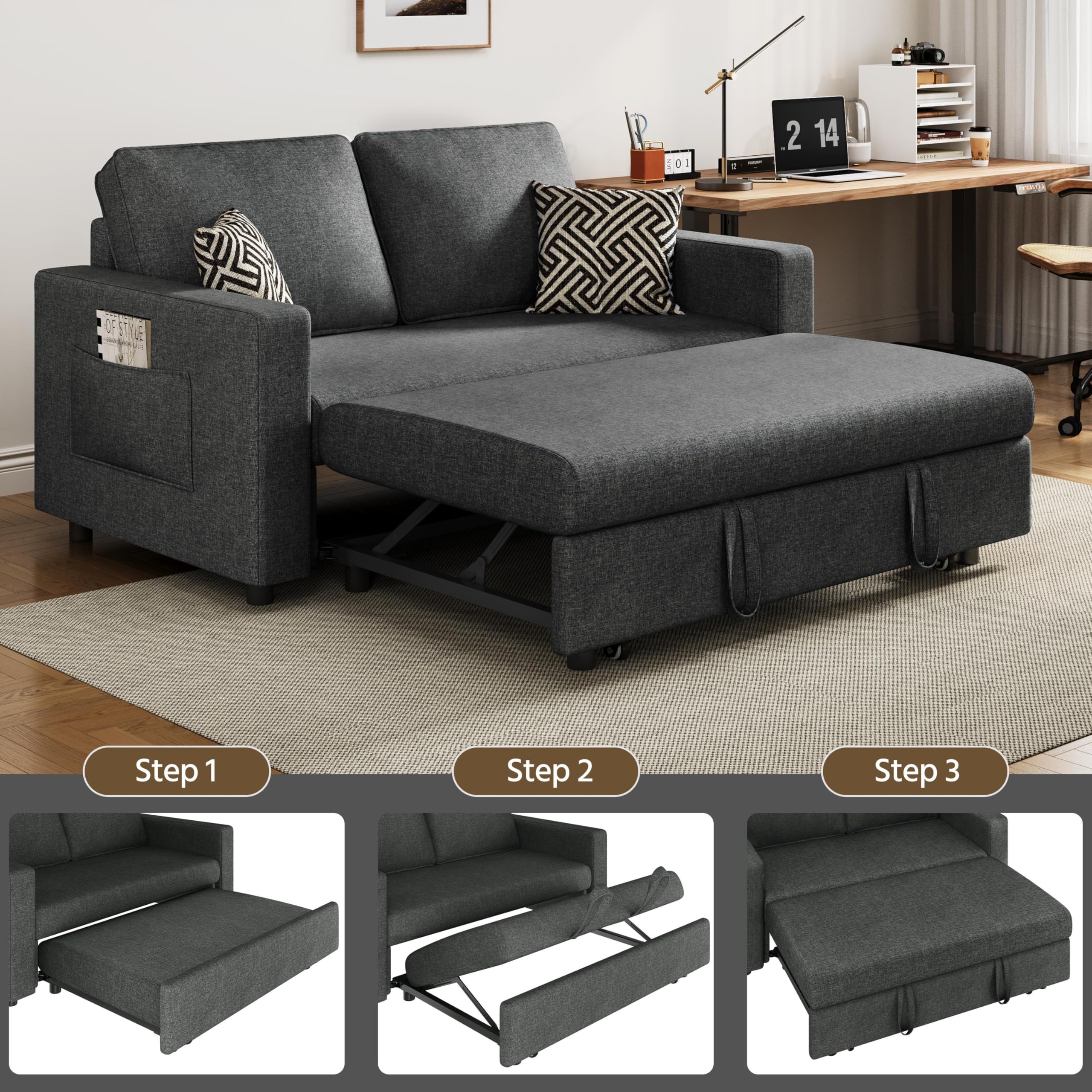 Yaheetech Convertible Sofa Bed with Pull-Out Trundle - Space Saving Sleeper Loveseat for Small Apartments, Living Room, Bedroom & Guest Room - Dark Gray 55.5 Inch - Perfect for Overnight Guests & Studio Apartments