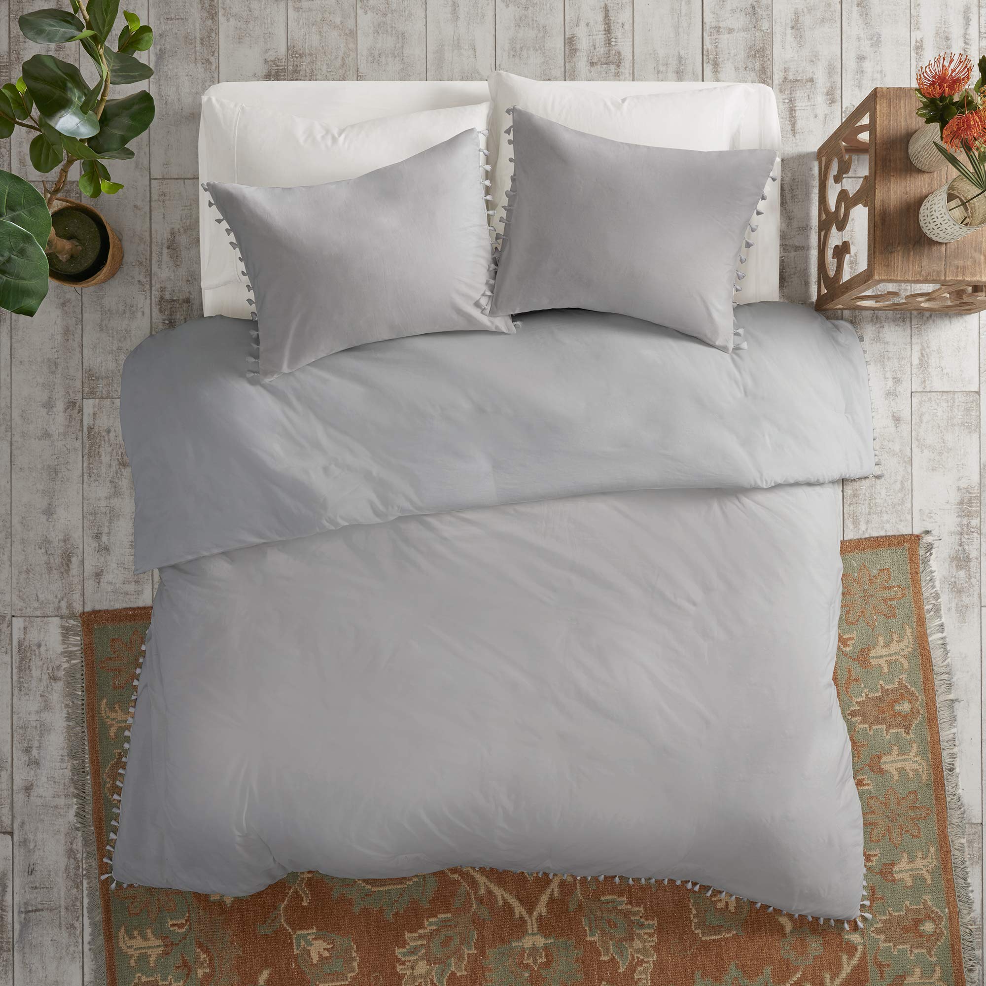 Madison Park Lillian 100% Cotton Duvet Cover Set - Bohemian Fringe Tassel Trim, Shabby Chic All Season King/Cal King (104x92 Inches) 3-Piece Bedding in Grey - Perfect for Master Bedroom, Guest Room & Bohemian Style Home Decor