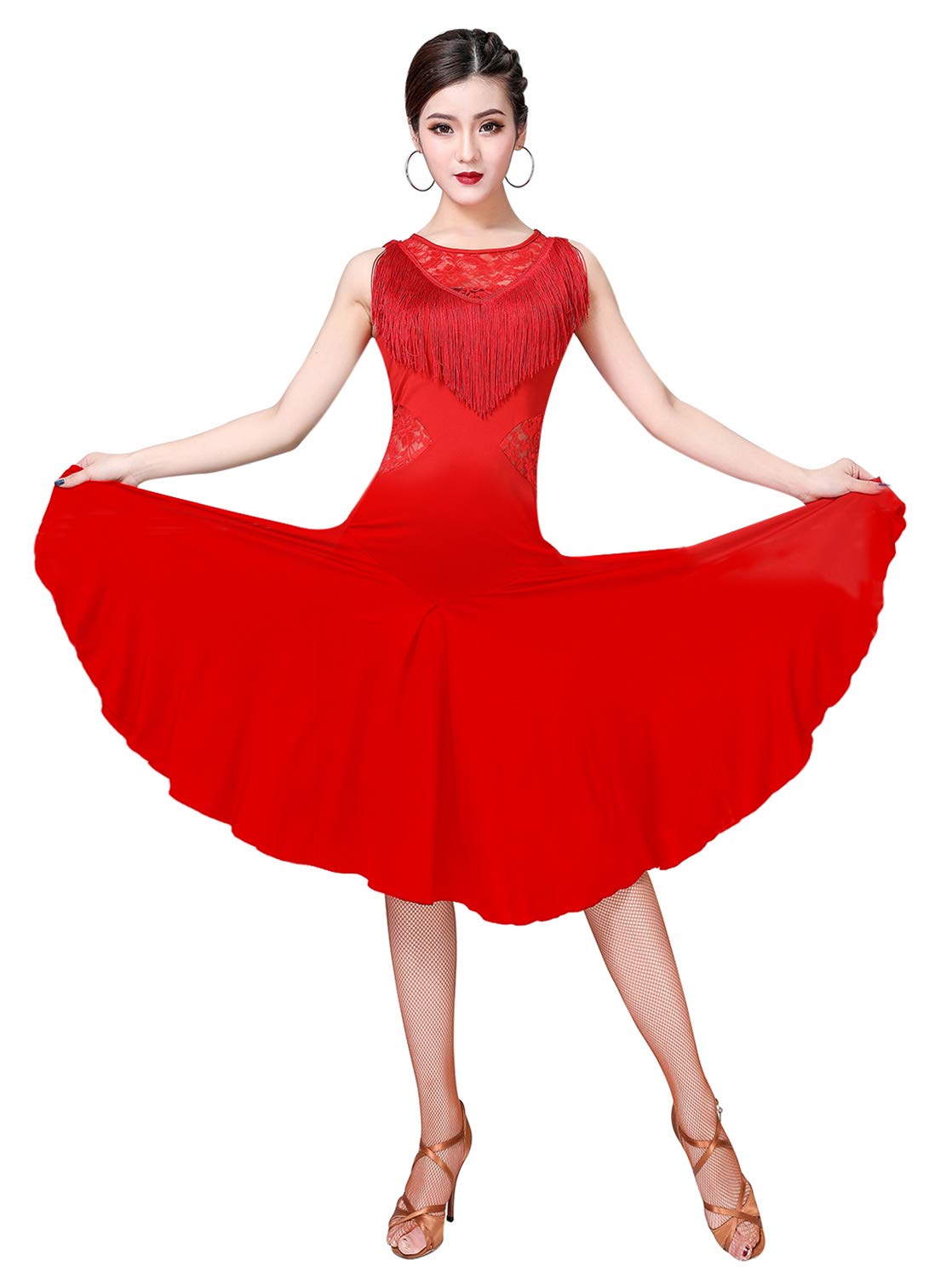 Z&X Women's Ballroom Dance Dress - Fringed Lace Back Salsa Latin Performance Outfit with Built-in Shorts (5 Color Options) | Perfect for Competition, Social Dancing & Stage Performances