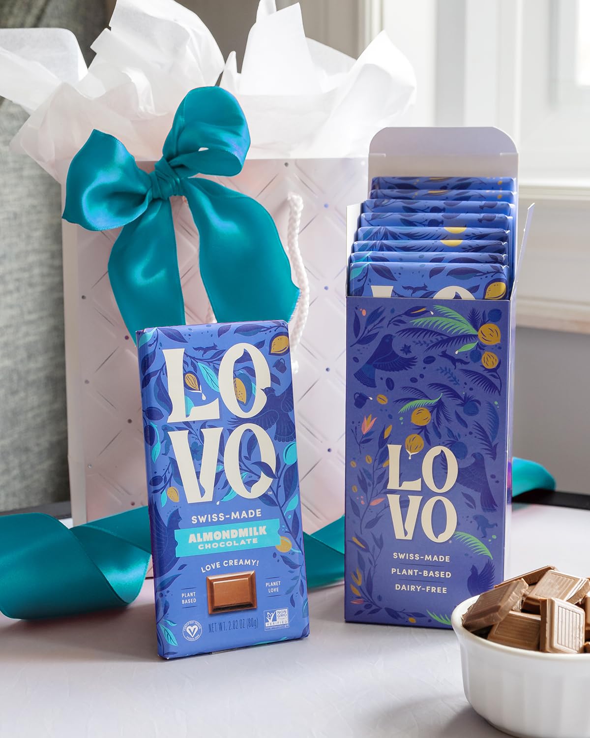 LOVO Almondmilk Chocolate Bar - 100% Plant-Based Vegan Milk Chocolate, Dairy-Free & Gluten-Free - Creamy Swiss-Made Almond Milk Chocolate (2.82oz, Pack of 8) - RFA Certified - Perfect for Gifts, Snacking & Vegan Desserts