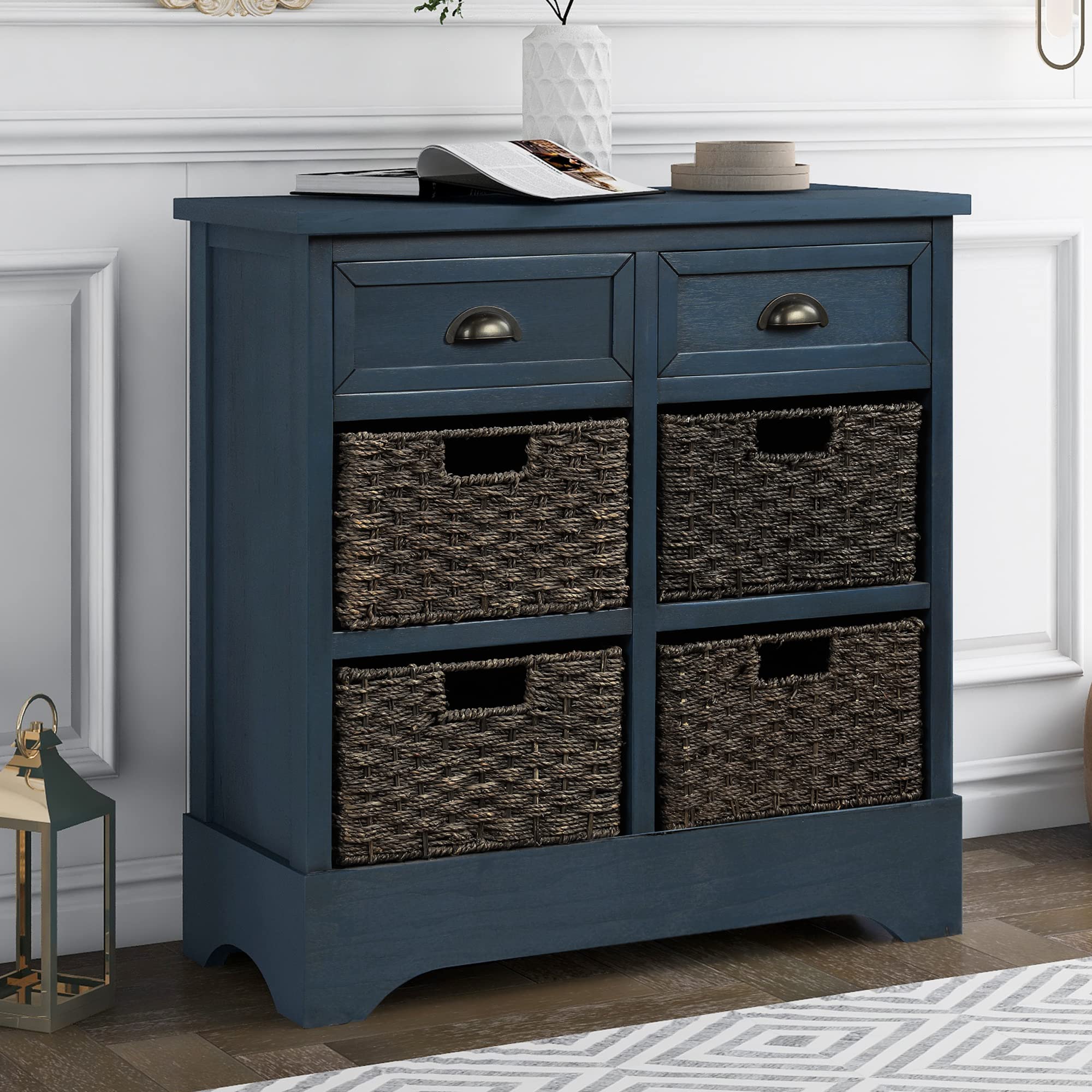 Rustic Wood and Wicker Storage Cabinet with 2 Drawers & 4 Baskets - Vintage Navy Organizer for Kitchen, Entryway, Living Room | Perfect for Home Organization & Farmhouse Decor