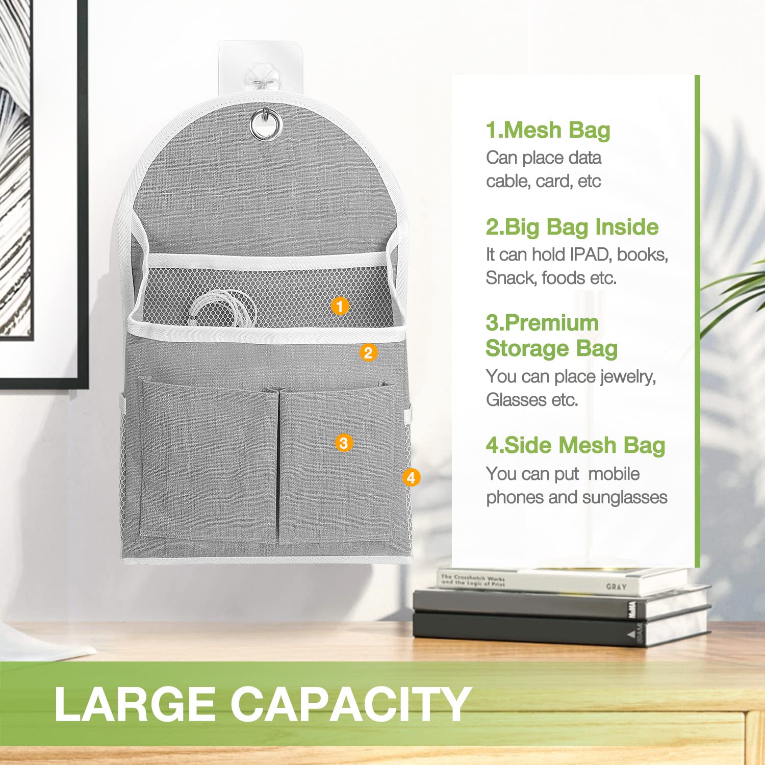 2 Pack Waterproof Wall Hanging Organizer with Multiple Pockets - Fabric Storage Basket & Over The Door Caddy for Kitchen, Bedroom, Bathroom - Space Saving Grey Closet Shelves (Perfect for Small Spaces & Home Organization)