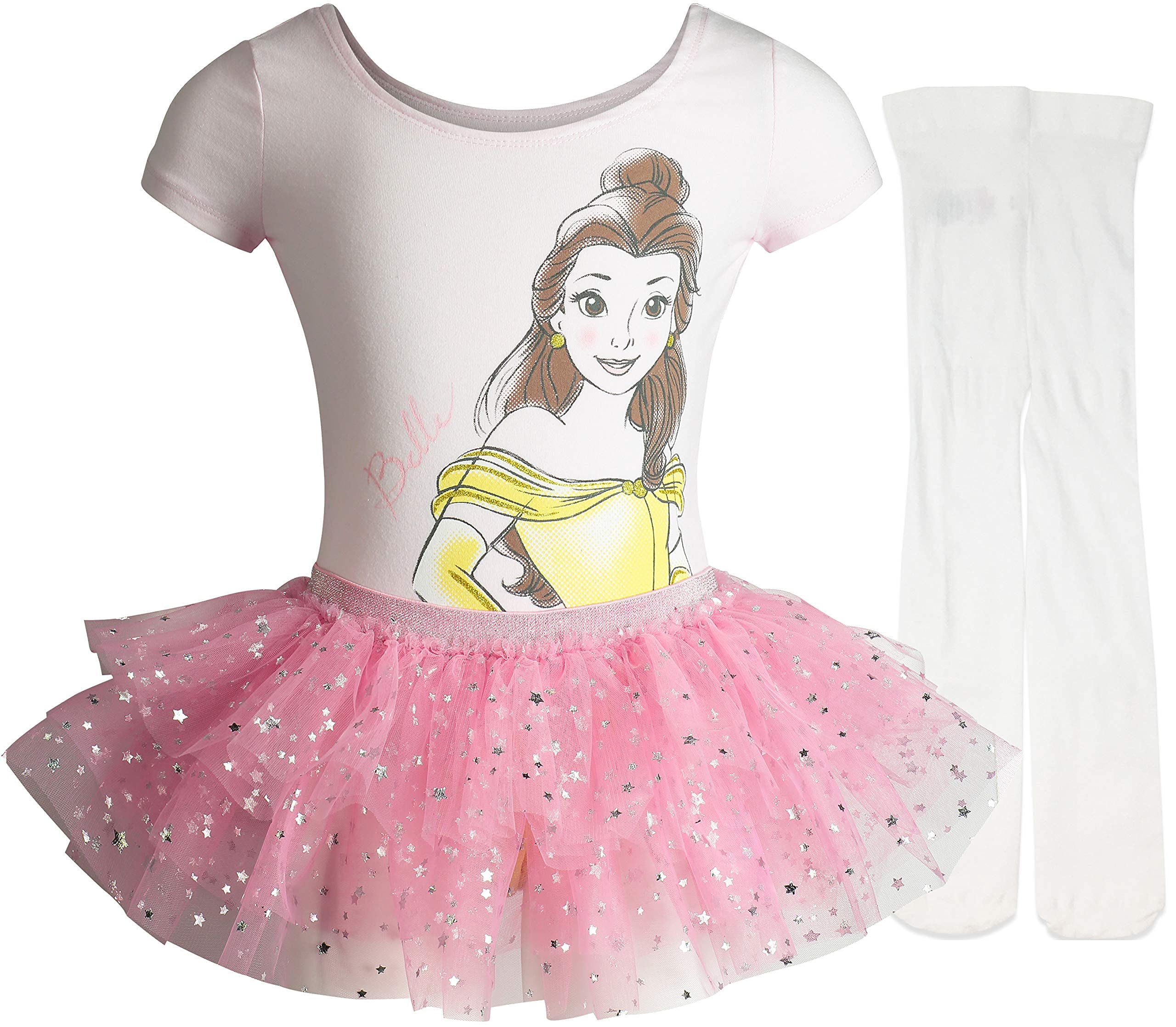Disney Princess Belle Pink Ballet Leotard Tutu & Tights Dance Set for Girls - Size 5 - Perfect for Ballet Class, Recitals, Dress-Up Play, Birthday Parties & Halloween Costumes