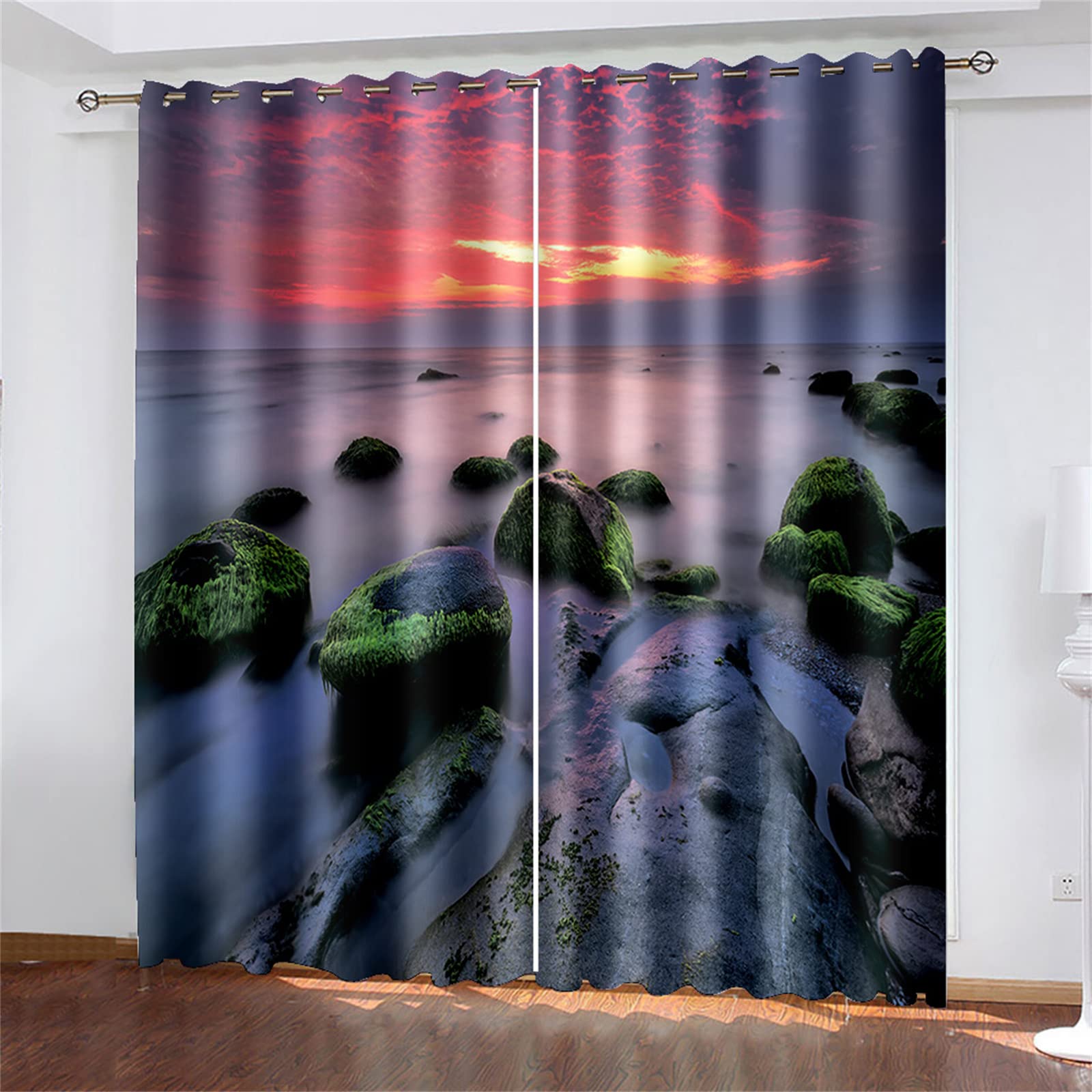2 Panels Eyelet Blackout Curtains - Sunrise On The Sea 3D Printed Design, Grommet Thermal Insulated Noise Reducing Drapes for Living Room & Bedroom (84x84 Inches) - Perfect for Coastal Themed Home Decor & Light Control