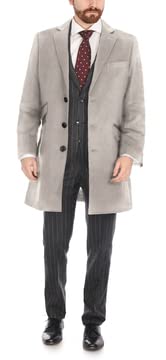 Premium Men's Wool Cashmere Blend Single Breasted Light Gray 3/4 Length Top Coat - Classic Winter Overcoat for Business, Office & Formal Occasions
