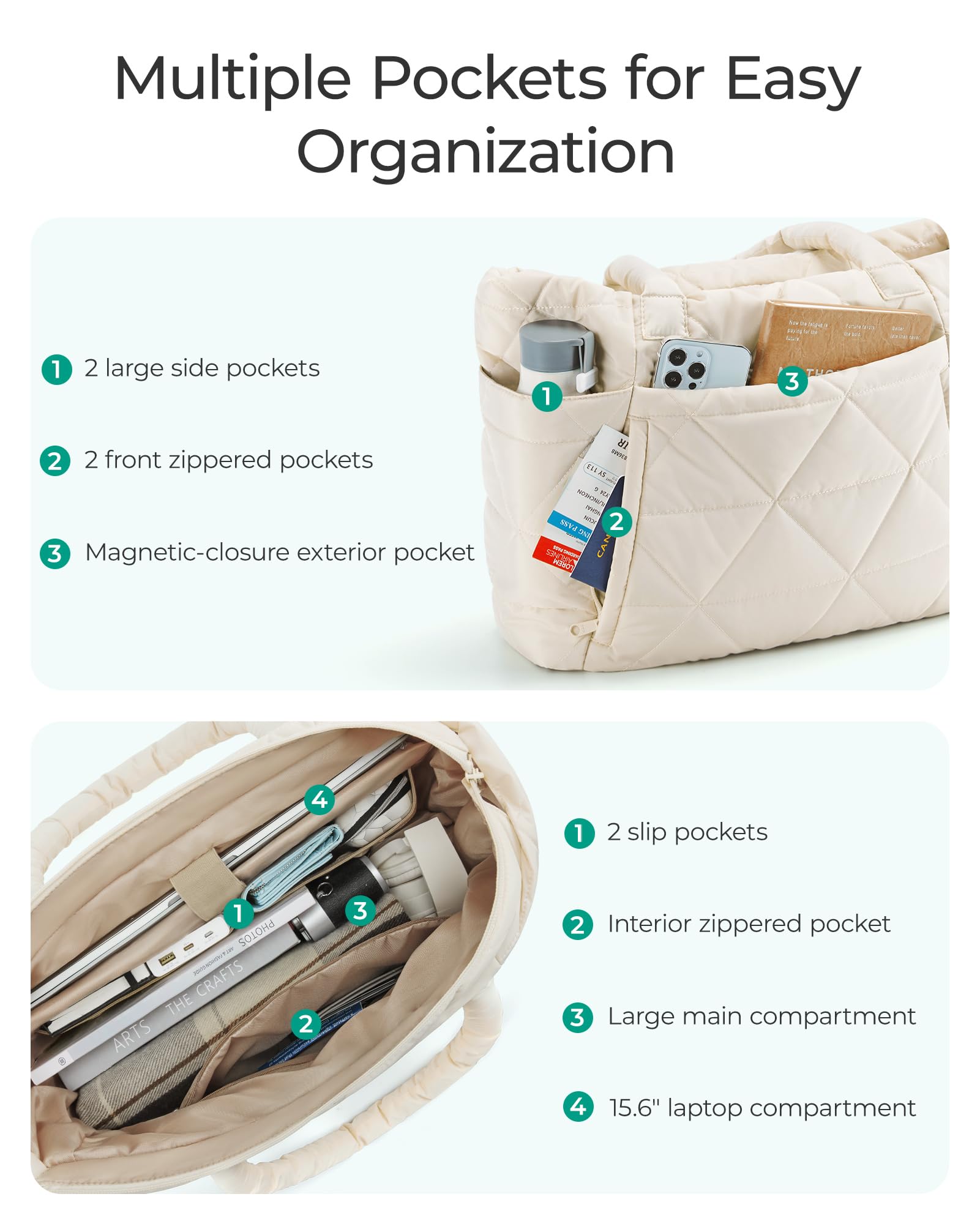 BAGSMART Large Quilted Tote Bag for Women - Puffy Zippered Shoulder Bag with Multiple Compartments | Perfect for Travel, Work, Gym & Daily Use