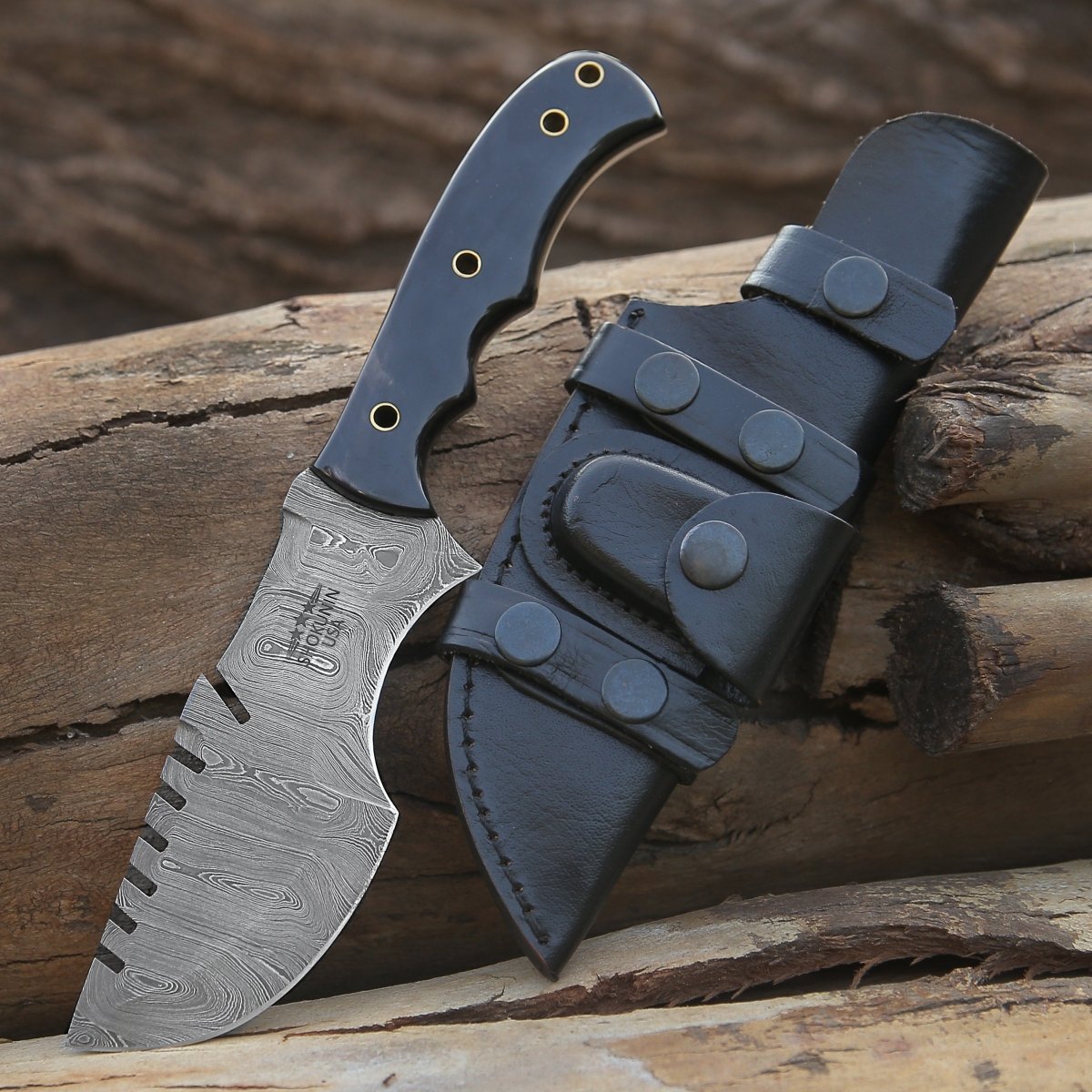 Premium Damascus Steel Warthog Tracker Knife with Genuine Horn Handle - Hunting, Camping, Outdoor Survival Gear