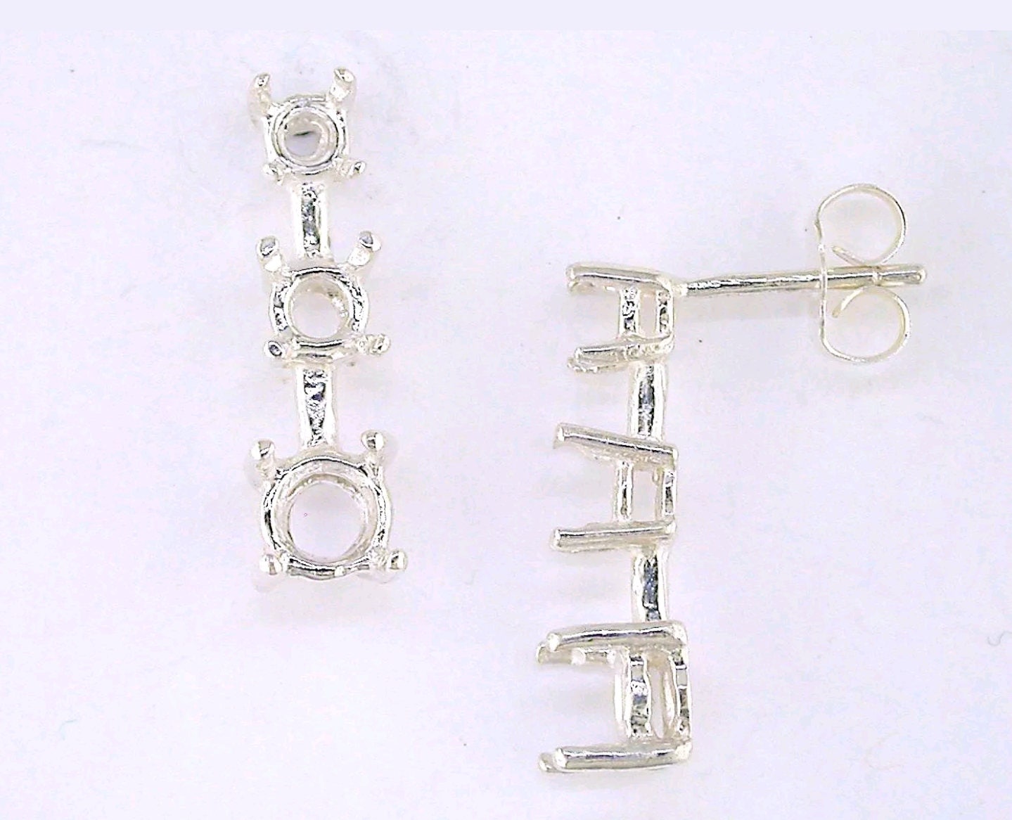 Solid Sterling Silver or 14kt White/Yellow Gold Three Stone Earring Settings (2-Piece Set) | Handmade in USA | Perfect for Weddings, Anniversaries & Special Occasions
