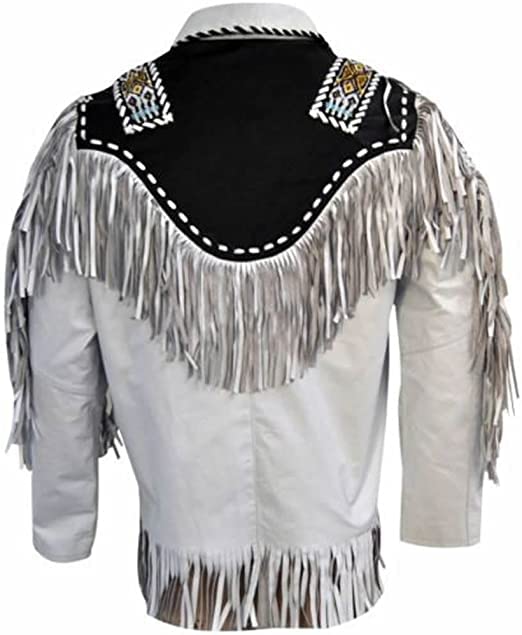 Men's Western Cowboy Shirt - Buckskin Suede Leather with Fringe & Native Beaded Work (White, XS-5XL) - Perfect for Rodeo, Country Music Festivals & Western-Themed Events