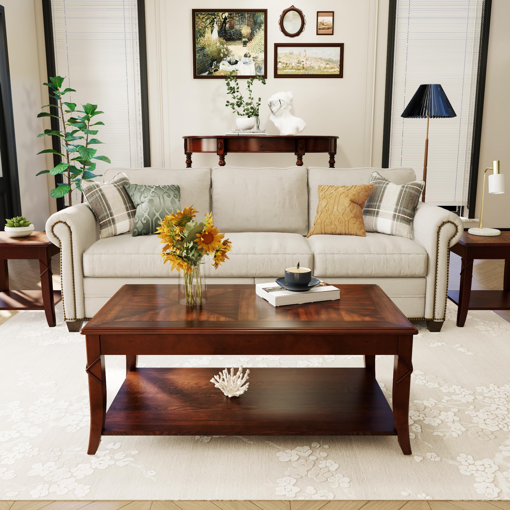 Mid-Century Modern Coffee Table Set with Storage Shelf - 3-Piece Solid Wood Living Room Furniture (1 Coffee Table + 2 End Tables) in Cherry Walnut Finish - Perfect for Living Rooms, Dens and Home Offices - KFZ-DR200-3