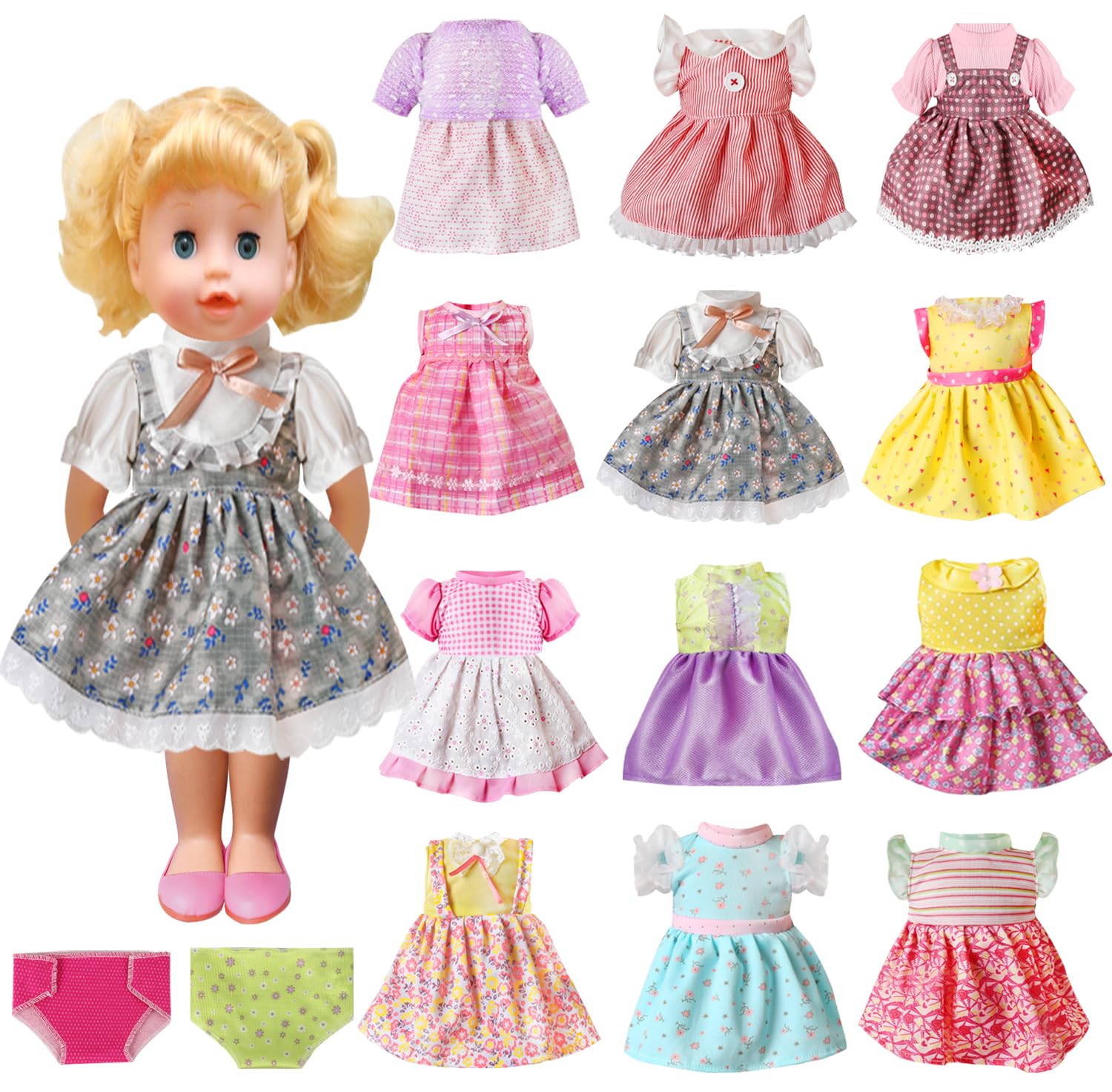 14-Piece Doll Clothes and Accessories Set for 13-15 Inch Baby Dolls - 12 Dresses + 2 Underwear Outfits - Perfect Gift for Girls | Playtime, Dress-Up, and Pretend Play