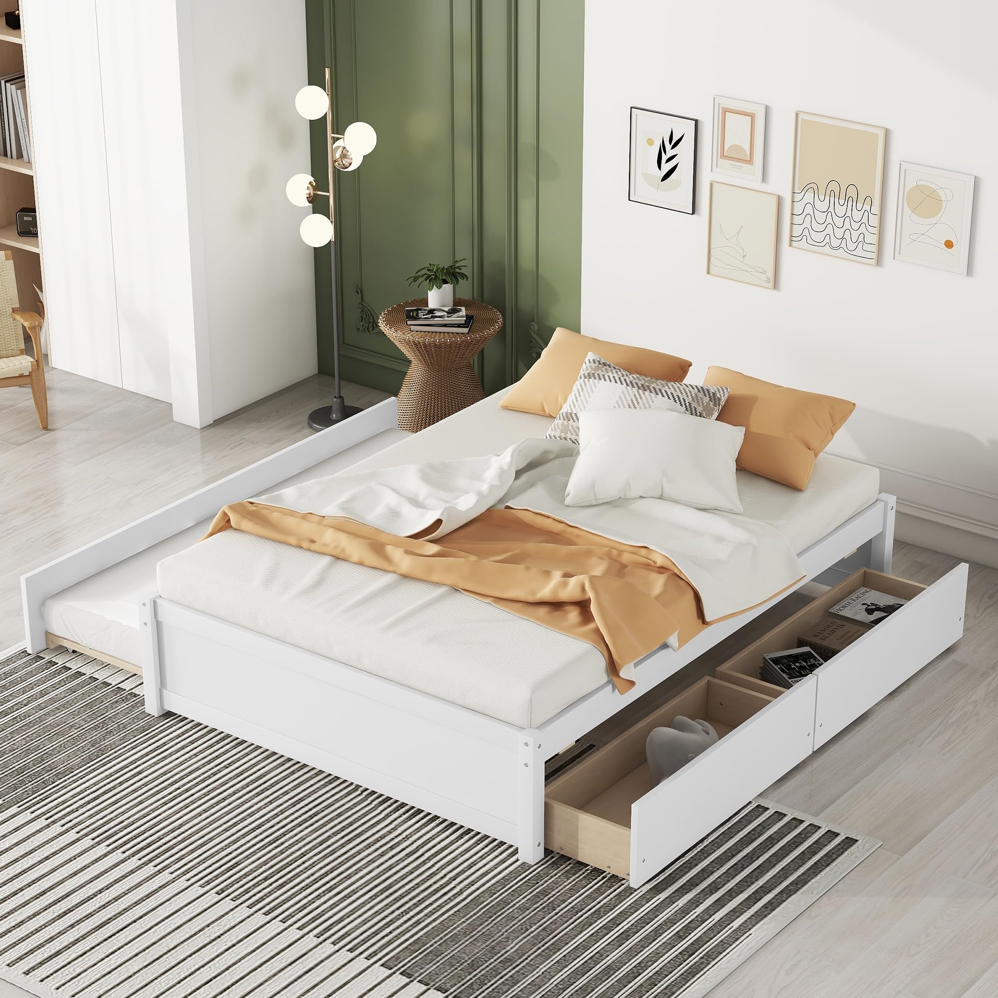 Bellemave White Wood Platform Bed Frame with Trundle and Storage Drawers - Full Size Captain Bed for Kids, Teens & Adults - Perfect for Small Spaces, Guest Rooms & Dormitories