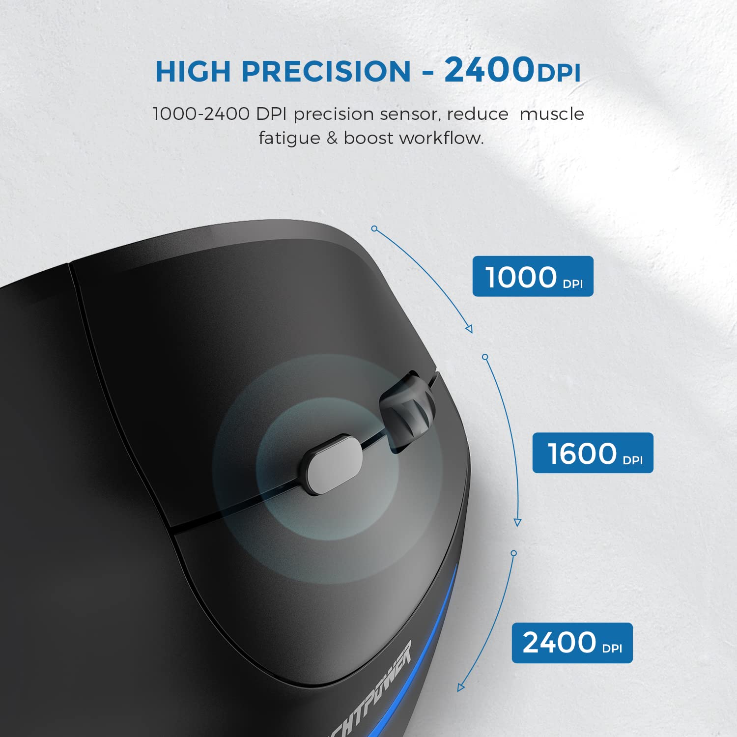 ECHTPower Ergonomic Wireless Vertical Mouse - Adjustable DPI (2400/1600/1000), Rechargeable with LED Light, Comfort Grip for PC, Laptop, Windows & Mac - Perfect for Office Work, Gaming & Long Computer Use
