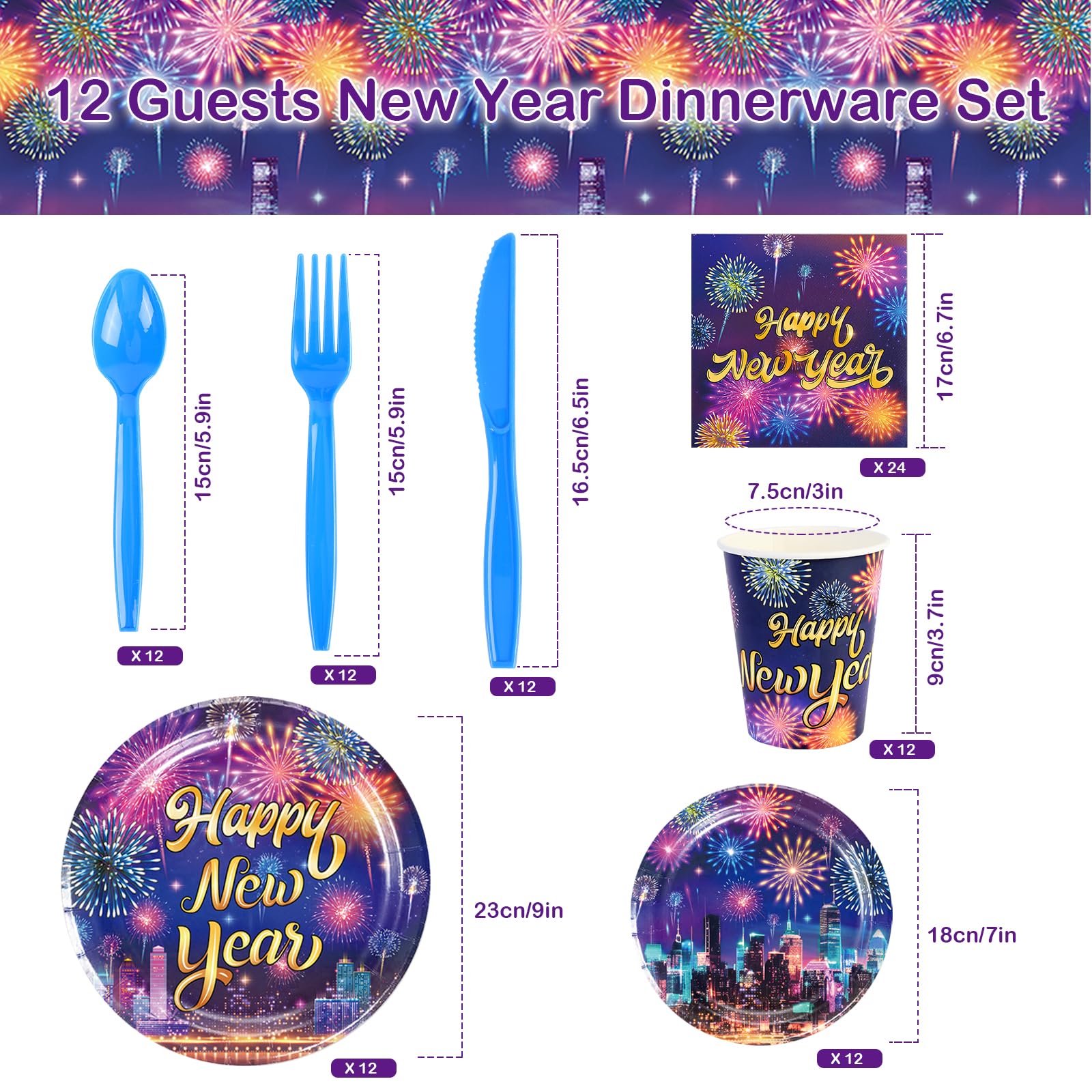 HOWAF 109-Piece Colorful Firework New Year Party Tableware Set for 20 Guests - Gold Glitter Plates, Napkins, Cups, Cutlery & Tablecloth - Perfect for 2025 New Year's Eve Dinner, Birthday Parties & Celebrations