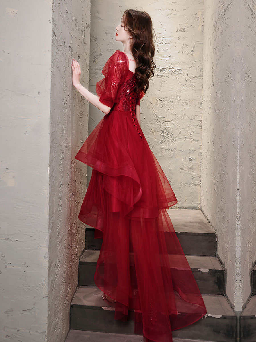 Elegant Burgundy High-Low Tulle Lace Prom Dress for Homecoming & Formal Events - Perfect for Dances, Parties & Special Occasions