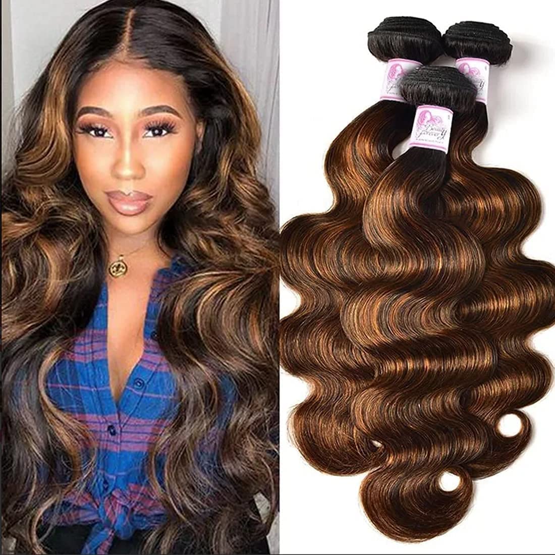 Beauty Forever Ombre Highlight Brazilian Body Wave Virgin Hair 3 Bundles (12/14/16 Inch) - Ombre Blonde Remy Human Hair Wavy Weave Extensions Color FB30 - Perfect for Daily Styling, Parties & Special Occasions