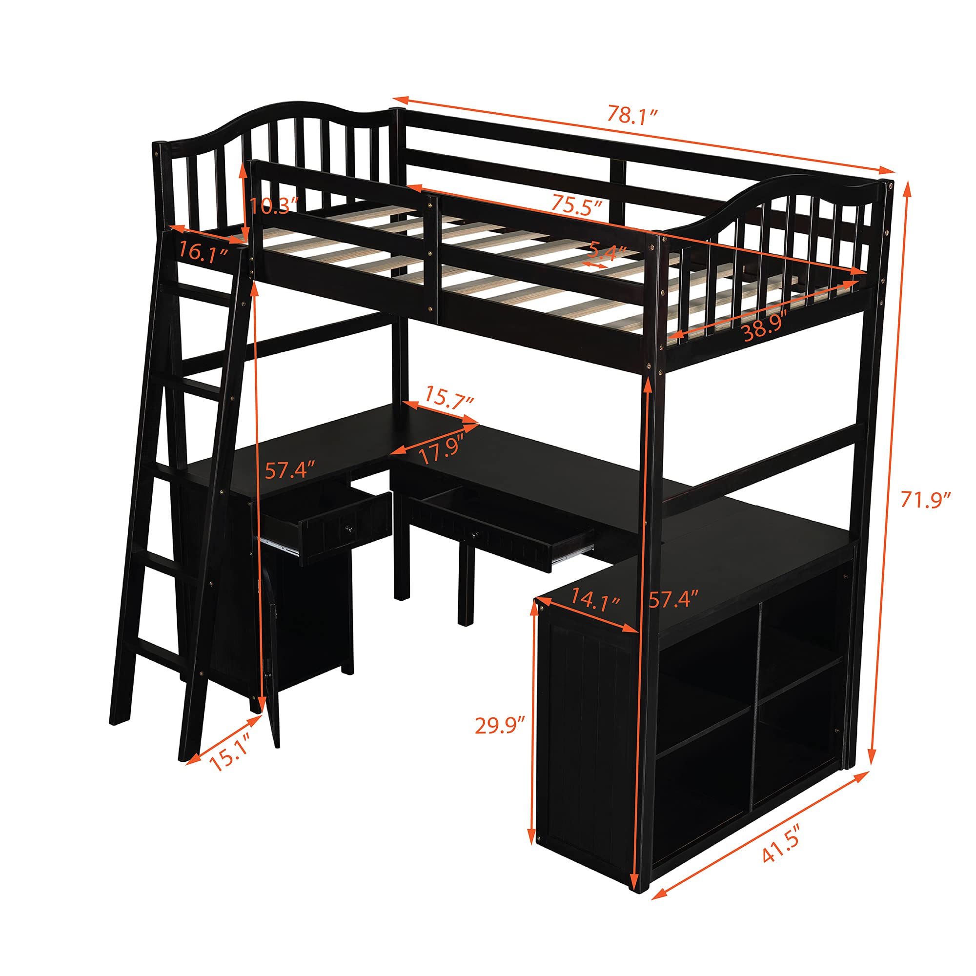 **Twin Size Wood Loft Bed for Kids with Desk, Drawers, Cabinet & Shelves - Space-Saving Multi-Functional Loft Bed Frame - No Box Spring Needed (Espresso) - Perfect for Small Bedrooms, Dorms & Kids' Rooms**