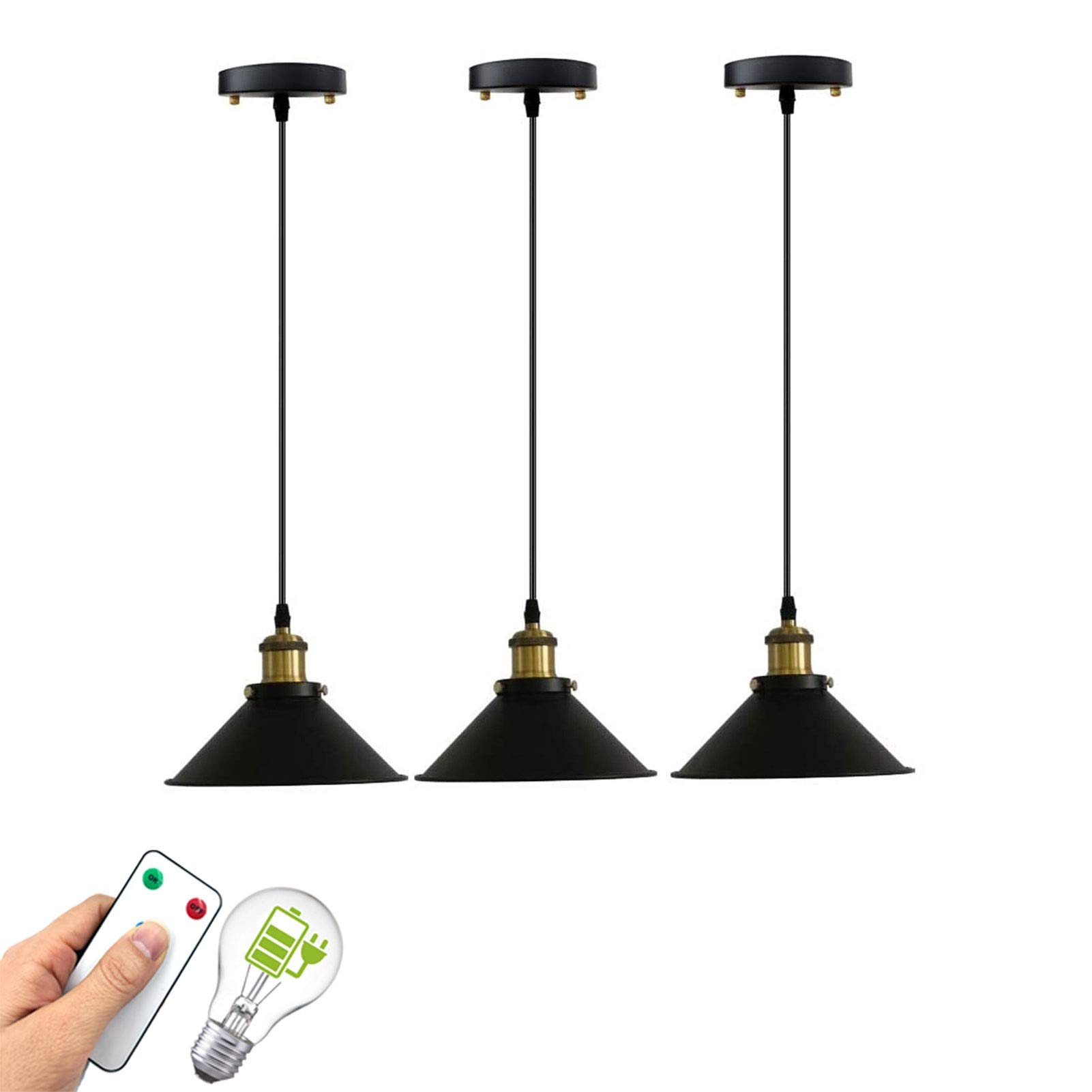 3 Pack Battery Operated Pendant Lights with Remote - 400 Lumens Self-Charging LED Bulbs Included - Black Hanging Kitchen Island Lights for Modern Home Decor & Dining Room Ambiance