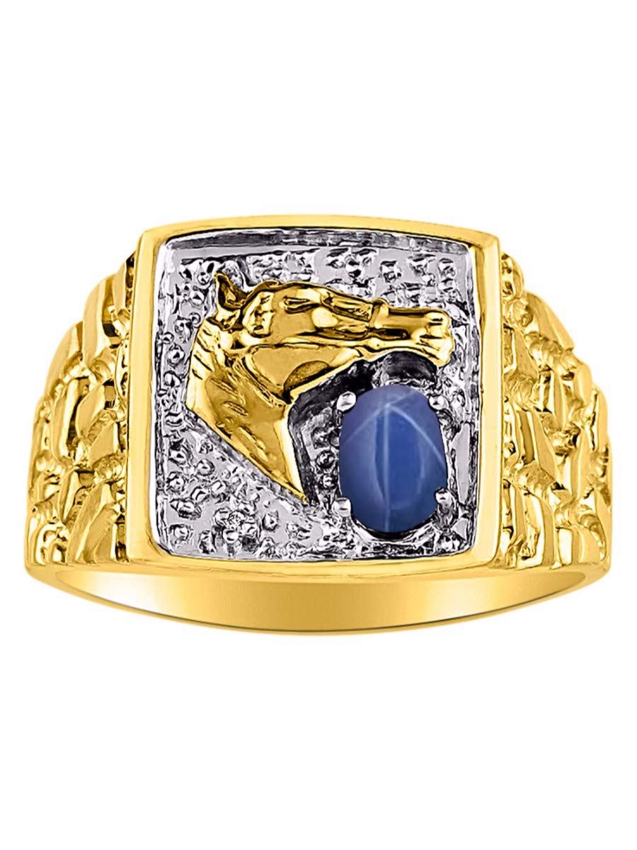 Men's Yellow Gold Plated Silver Ring – Lucky Nugget Horse Head Design with 6X4MM Blue Star Sapphire & Diamond | Birthstone Jewelry for Men | Sizes 8-13 | Perfect for Gifts, Weddings & Everyday Wear