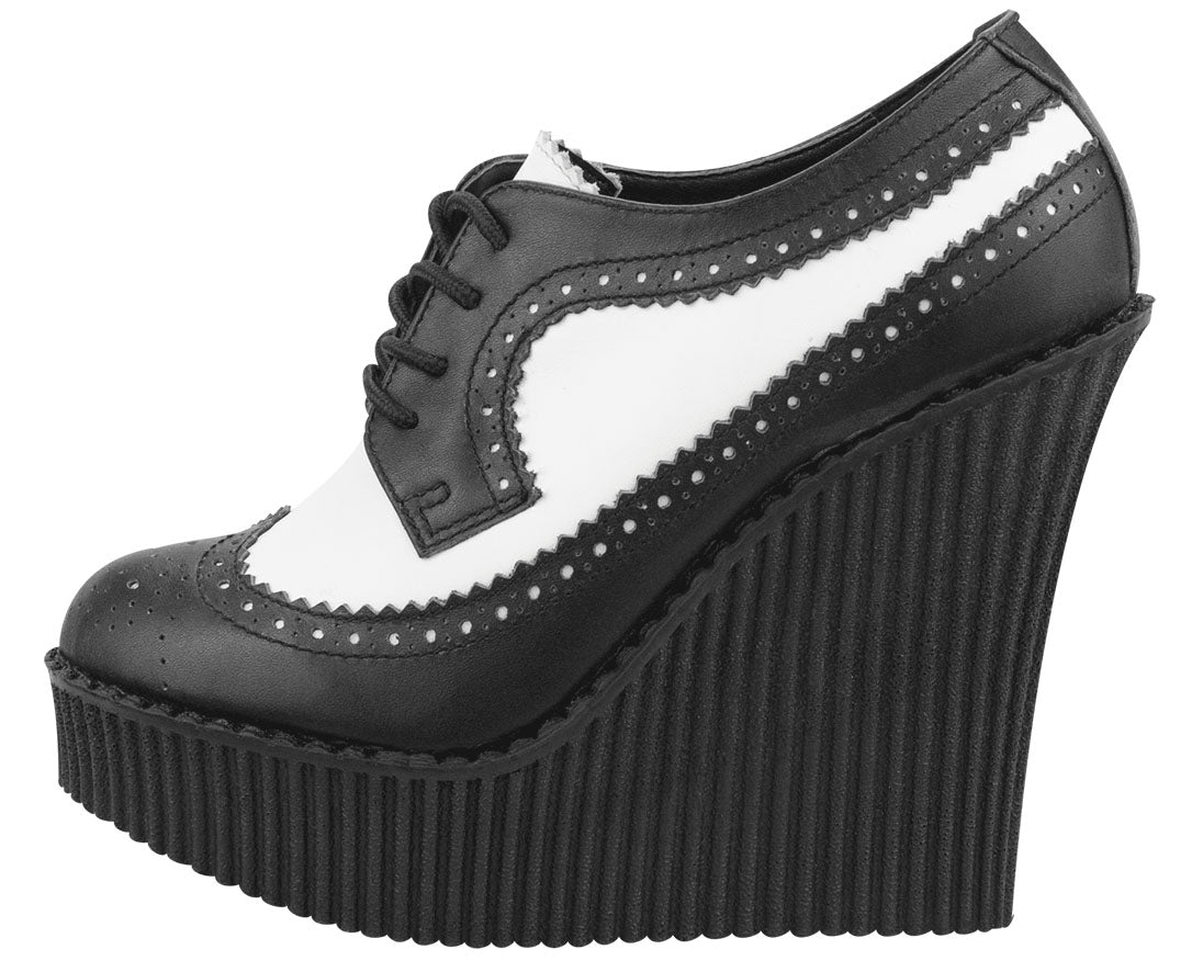 T.U.K Black & White Leather Brogue Wingtip Creeper Wedge Shoes for Women - Vintage Punk Rock Style for Casual Wear & Night Out