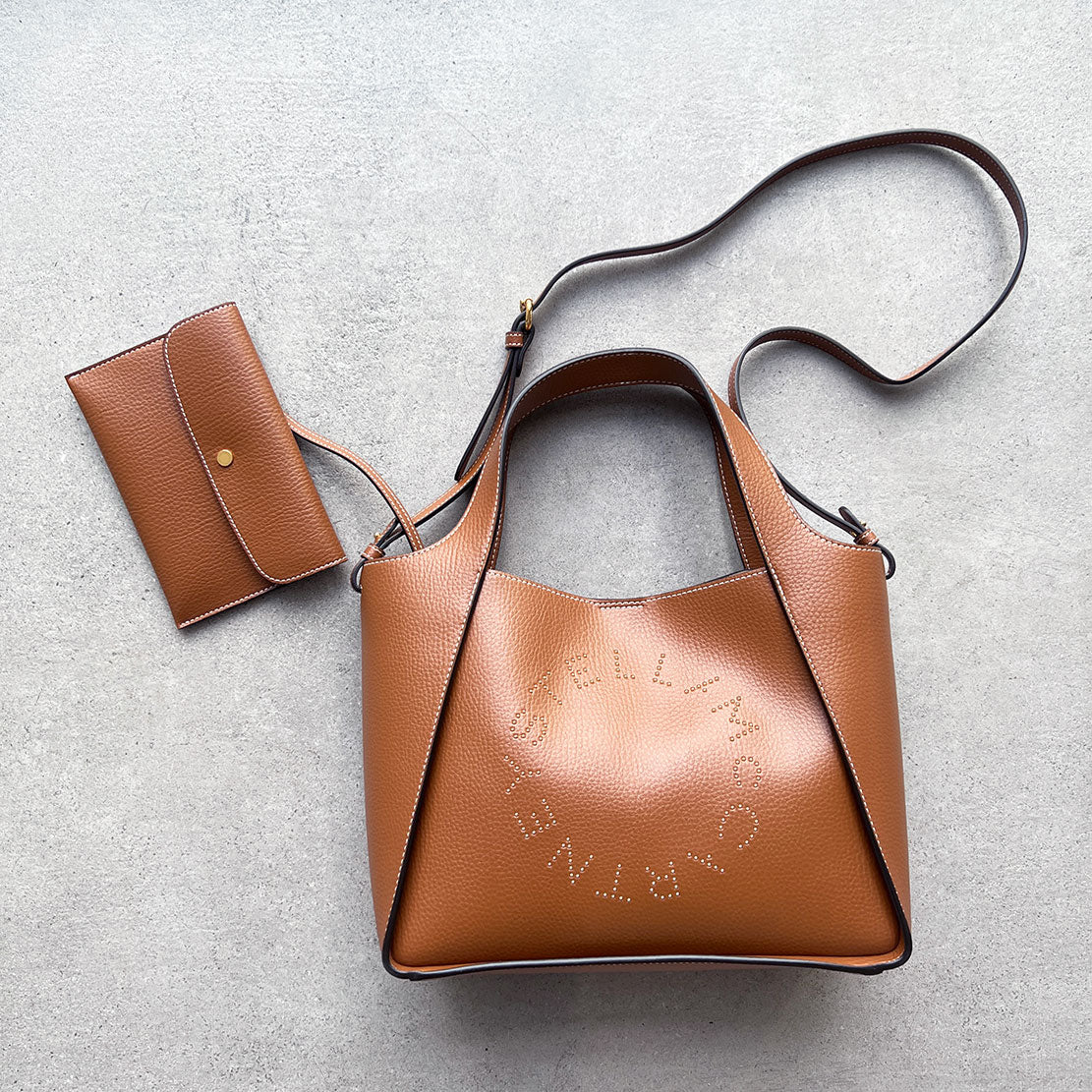 Stella & Dot Logo Tote Bag with Crossbody Strap, Genuine Leather, Pecan Brown - Perfect for Work, Travel, and Everyday Use
