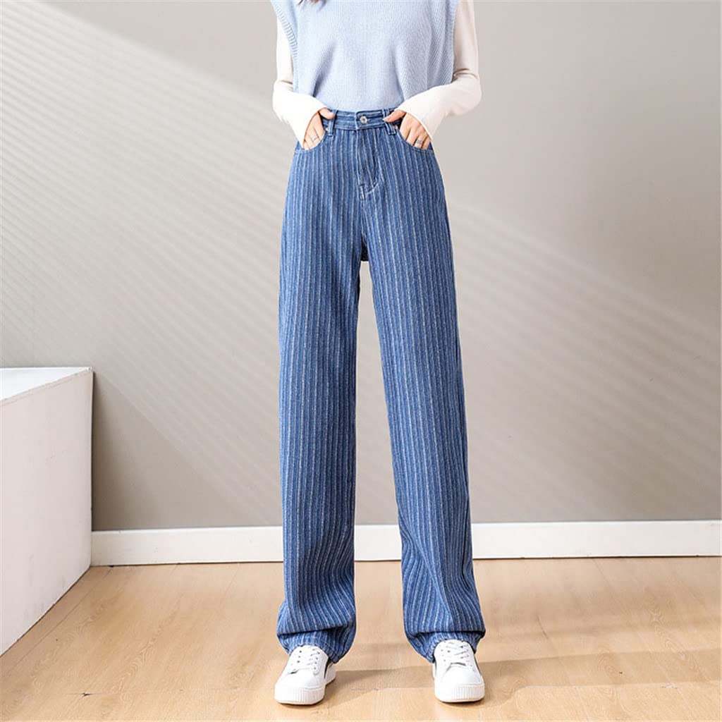 YCZDG Women's High Waist Wide Leg Jeans - Winter Velvet Lined Thick Warm Pants, Loose Straight Leg Trousers (Dark Blue, Size L) | Perfect for Casual Outfits, Office Wear & Cold Weather Fashion