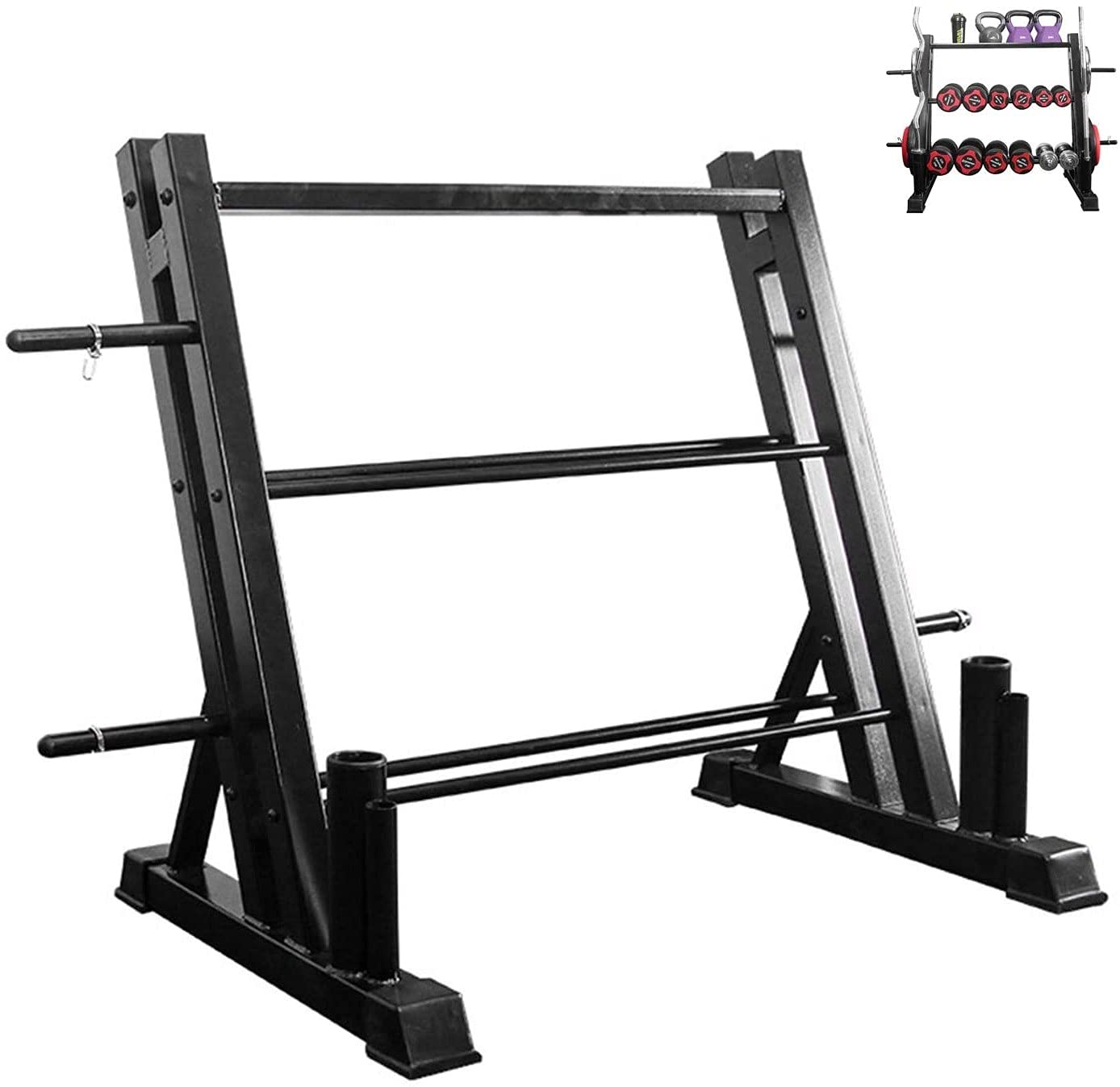 3-Tier Olympic Dumbbell Rack & Vertical Bar Storage - 1100lbs Capacity Home Gym Equipment for Weight Plates & Dumbbells | Perfect for Garage Gym, CrossFit & Strength Training Workouts