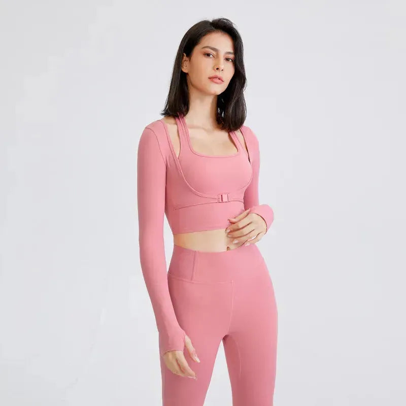 Sexy Long Sleeve Workout Top for Women - 2-in-1 Crop Yoga Shirt & Gym Jersey - Breathable Fitness Tee for Yoga, Running & Gym Training