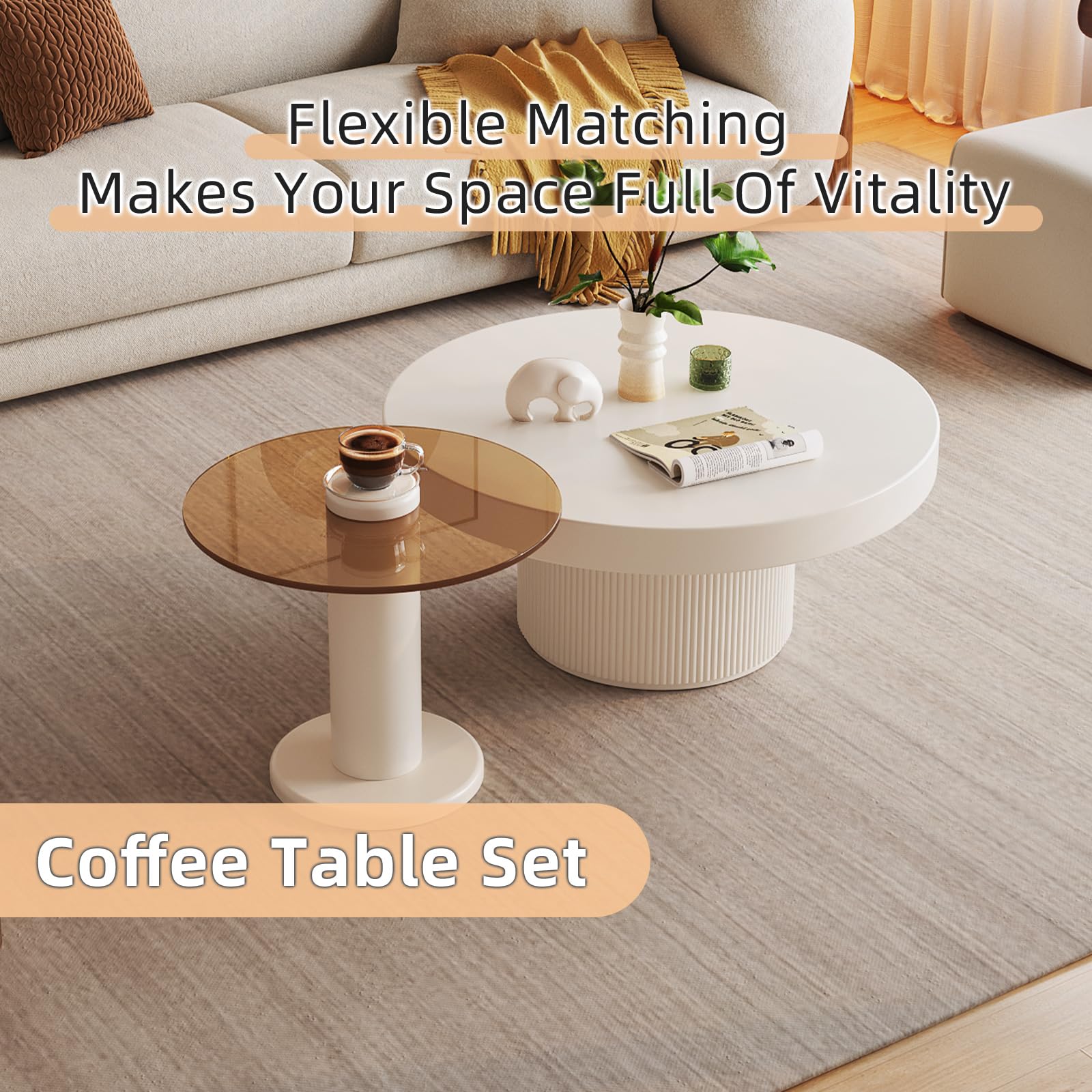 Modern 2-in-1 Round Nested Coffee Table Set - Creamy White Coffee Table with Tempered Glass Side Table - Space-Saving End Tables for Living Room, Bedroom & Small Spaces - Perfect for Coffee Time, Reading Nook & Home Decor
