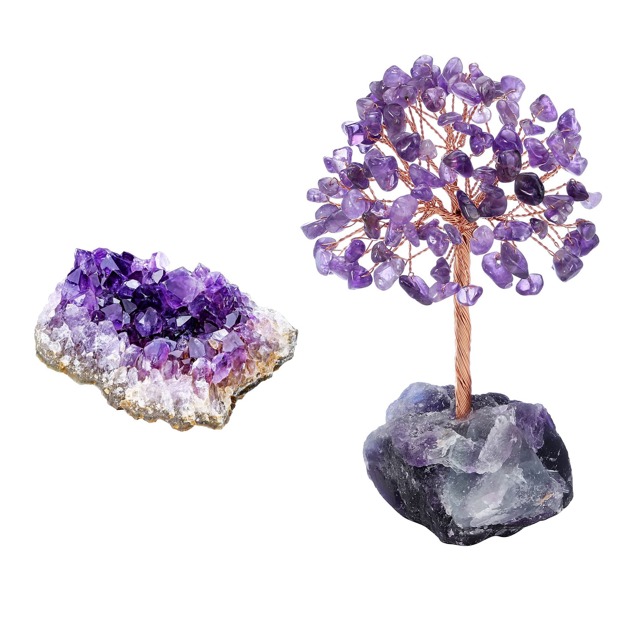 Jovivi Bundle - 2 Natural Amethyst Crystal Healing Stones: Raw Geode Cluster & Crystal Tree with Fluorite Base | Spiritual Healing, Meditation, Home Decor, Feng Shui, Gift Idea