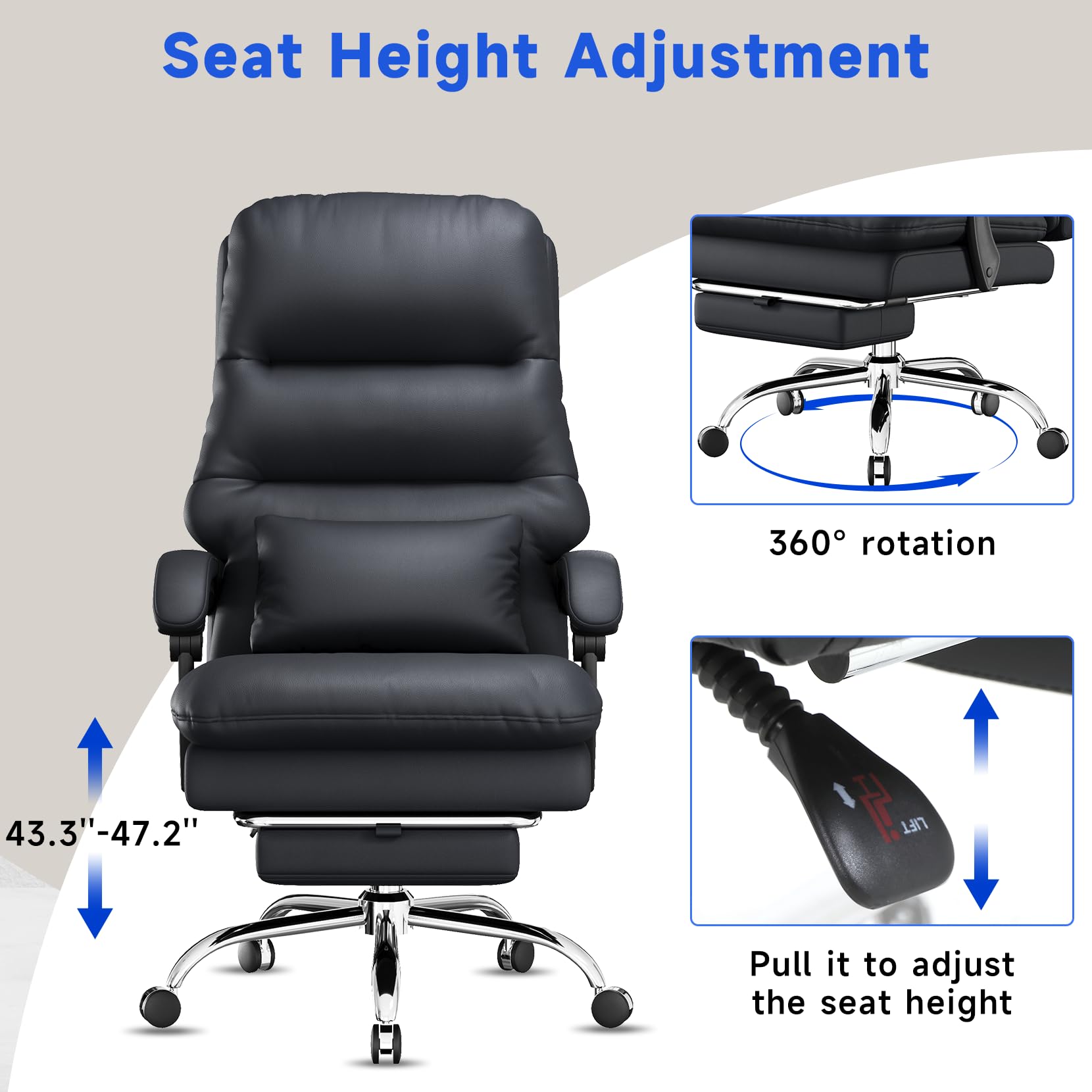 Ergonomic Big and Tall Office Chair - 400LBS Weight Capacity PU Leather Executive Desk Chair with Adjustable Lumbar Support & Footrest - Perfect for Home Office, Gaming, and Professional Workspaces (Black)