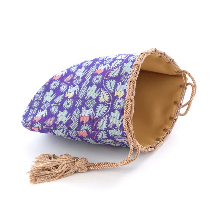 Handmade Kyoto Nishijin Silk Drawstring Pouch - Floral Rabbit & Lapis Lazuli Design | Japanese Traditional Craft Purse for Jewelry, Gifts & Special Occasions