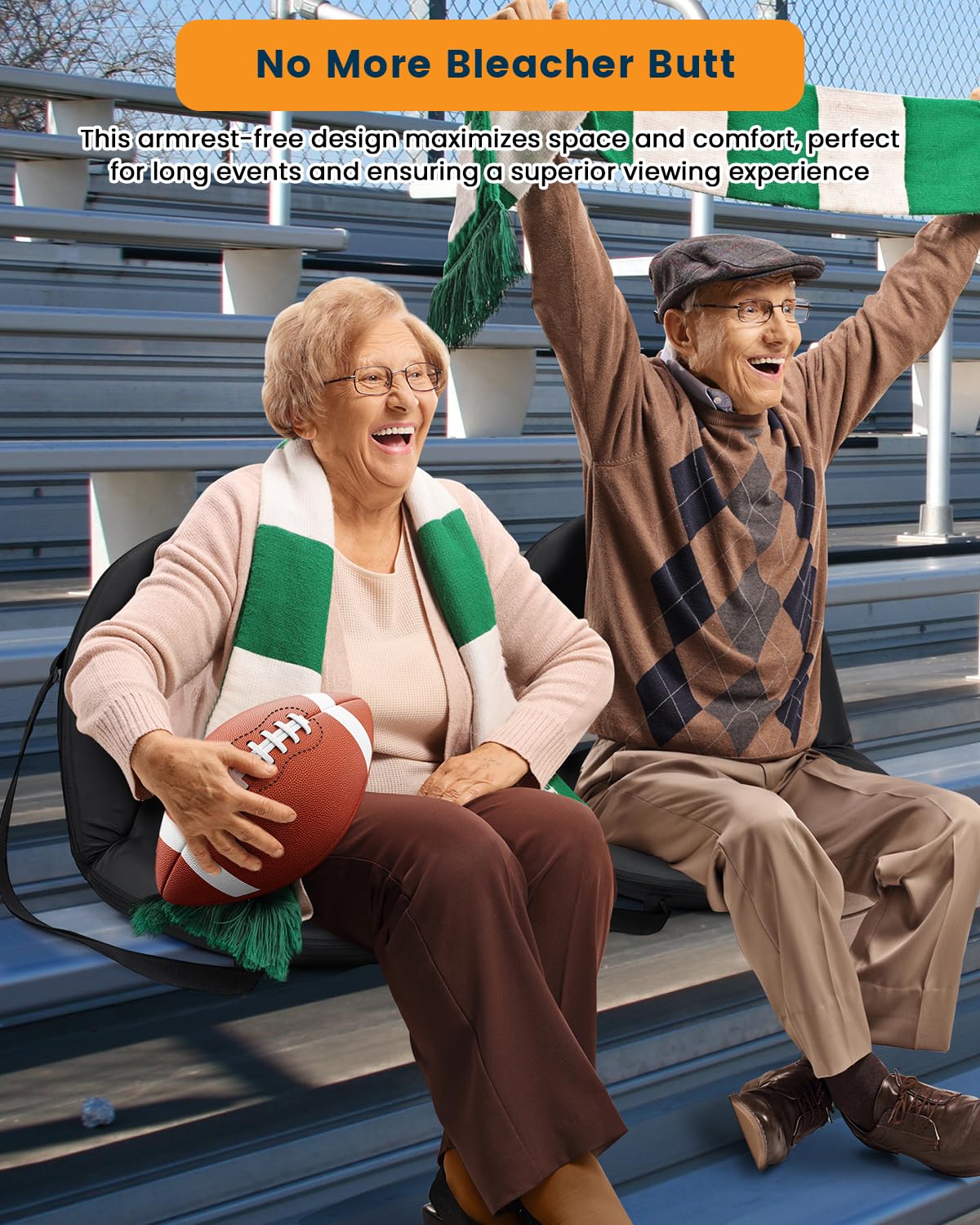 Sportneer Extra Wide Stadium Seats with Back Support & Shoulder Strap - 2 Pack Portable Bleacher Chairs with 6 Reclining Positions for Football Games, Concerts, Camping, Sports Events & Outdoor Activities