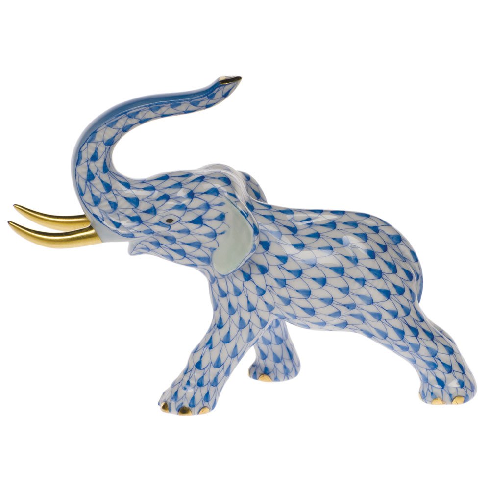 Herend Porcelain Elephant Figurine - Blue Fishnet Design, Trunk Up for Good Luck - Home Decor, Gift for Collectors & Elephant Lovers
